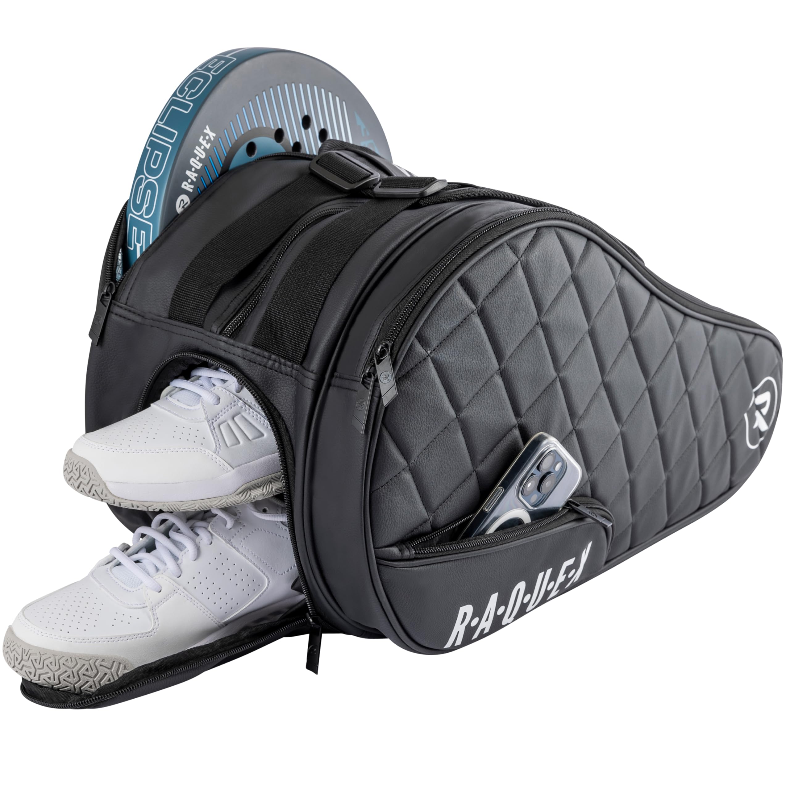 Raquex Elite gesteppte Padelschlägertasche (bis zu 4 Schläger) – Blau oder Schwarz – Padeltasche aus Kunstleder für Herren und Damen. Gepolsterte Padelschläger-Schutztasche – luxuriöses Padel-Geschenk
