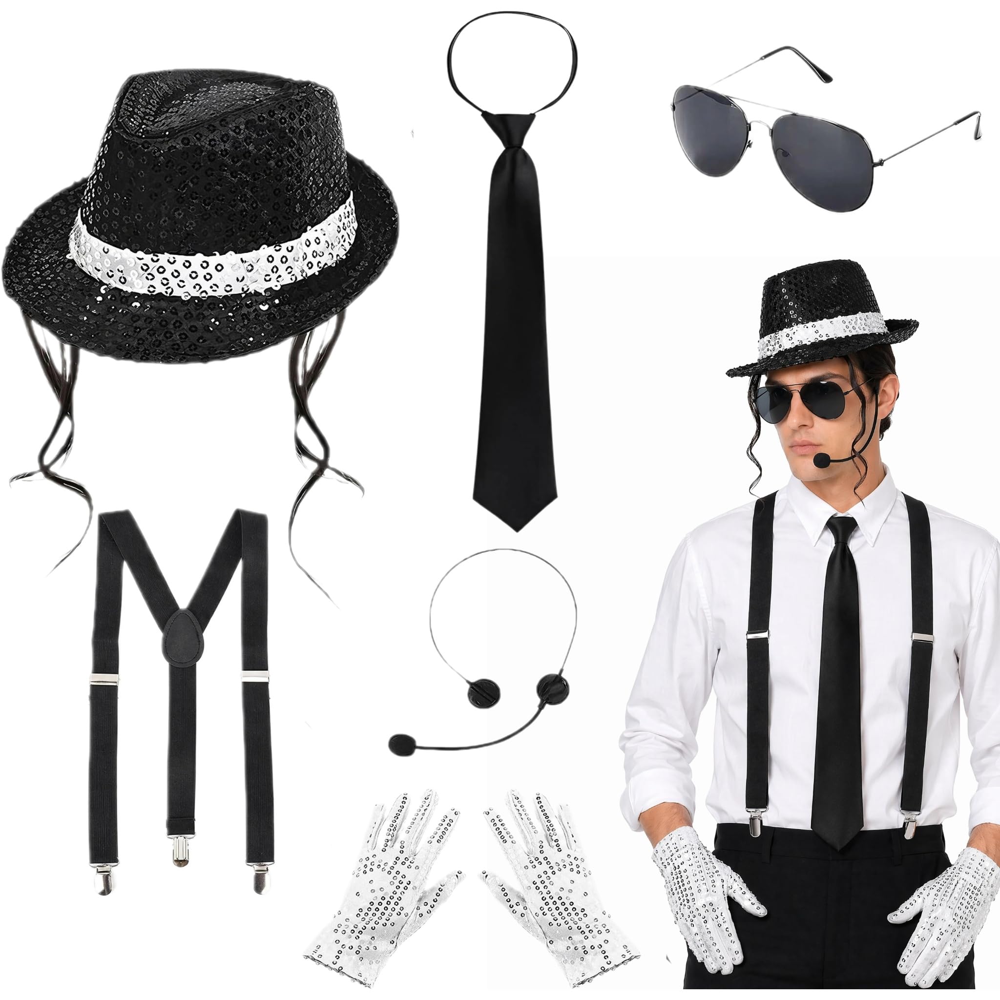 MJ Costume Accessories 6Pcs, 80s Dancer Disco Rocker Star Cosplay Set With Sequin Hat,Gloves Head Microphone Sunglasses Suspenders Tie,King Of Pop Fancy Dress For Halloween World Book Day Theme Party