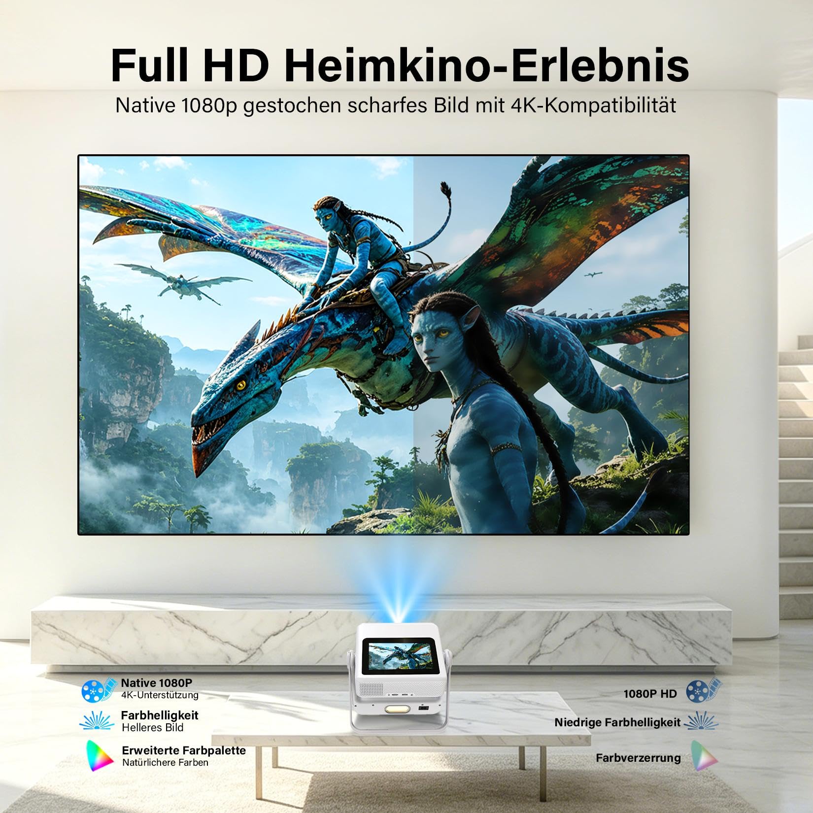 Proiettore Smart Compatibile 4K, Videoproiettore Full HD 1080P con Touchscreen, Doppio Display, 1200 ANSI, Autofocus, WiFi 6 Bluetooth, 1000+ App, Audio 25W per Home Cinema Camera da Letto Campeggio