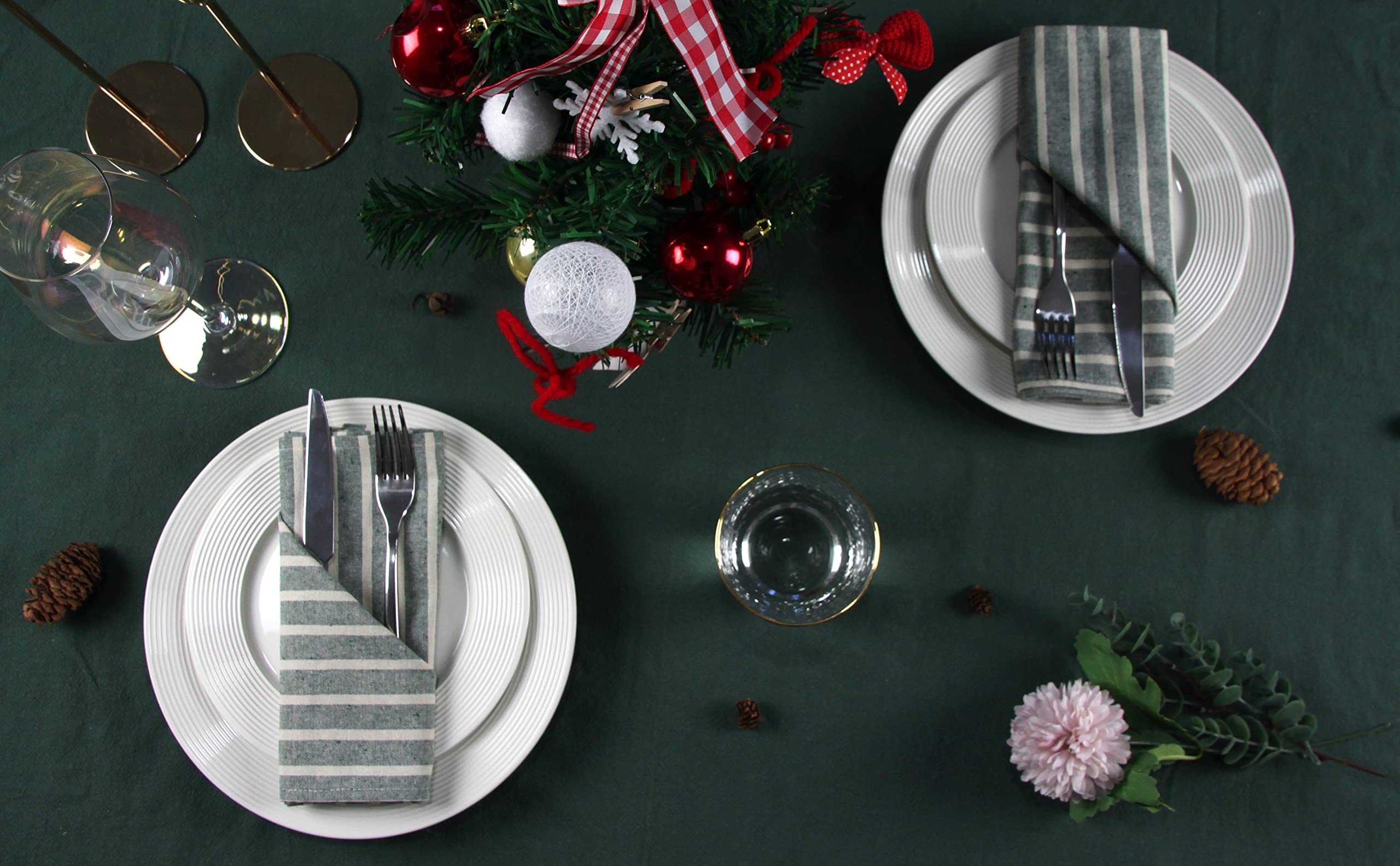 Lot de 12 Serviettes de Table Larges en Coton mélangé à Rayures pour fêtes de Noël, événements et Usage Domestique Vert 43,2 x 43,2 cm