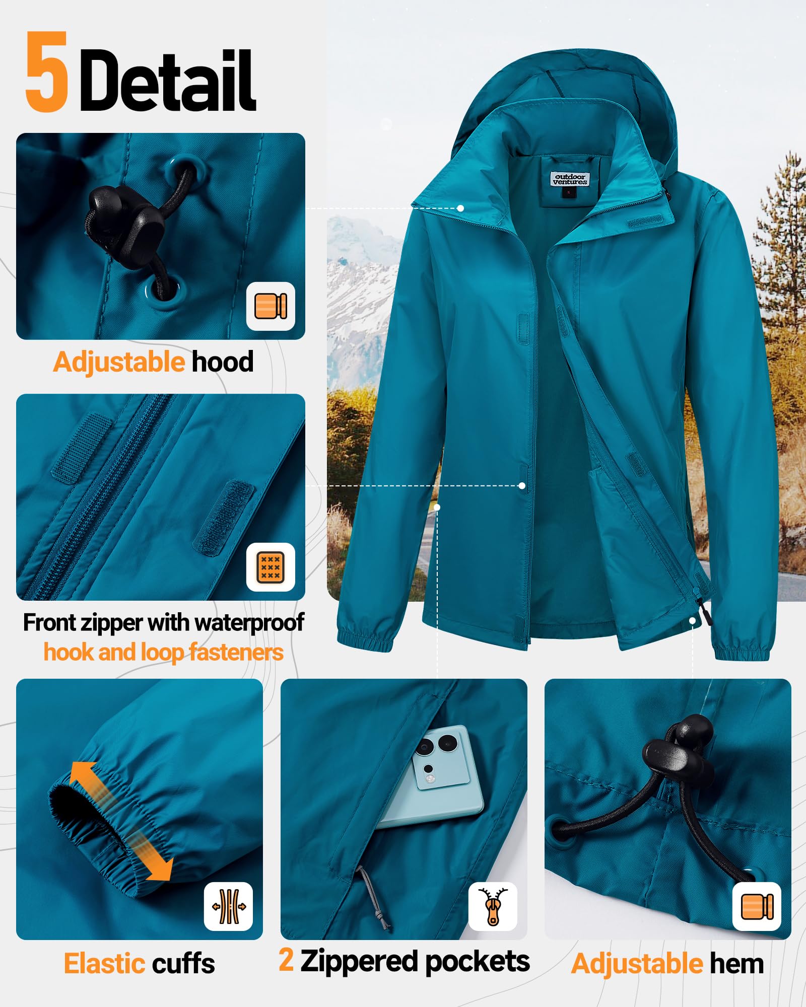 Outdoor Ventures Regenjacke Damen Wasserdicht Windbreaker Leicht Übergangsjacke mit Kapuze Packbar Fahrradjacke Outdoorjacke