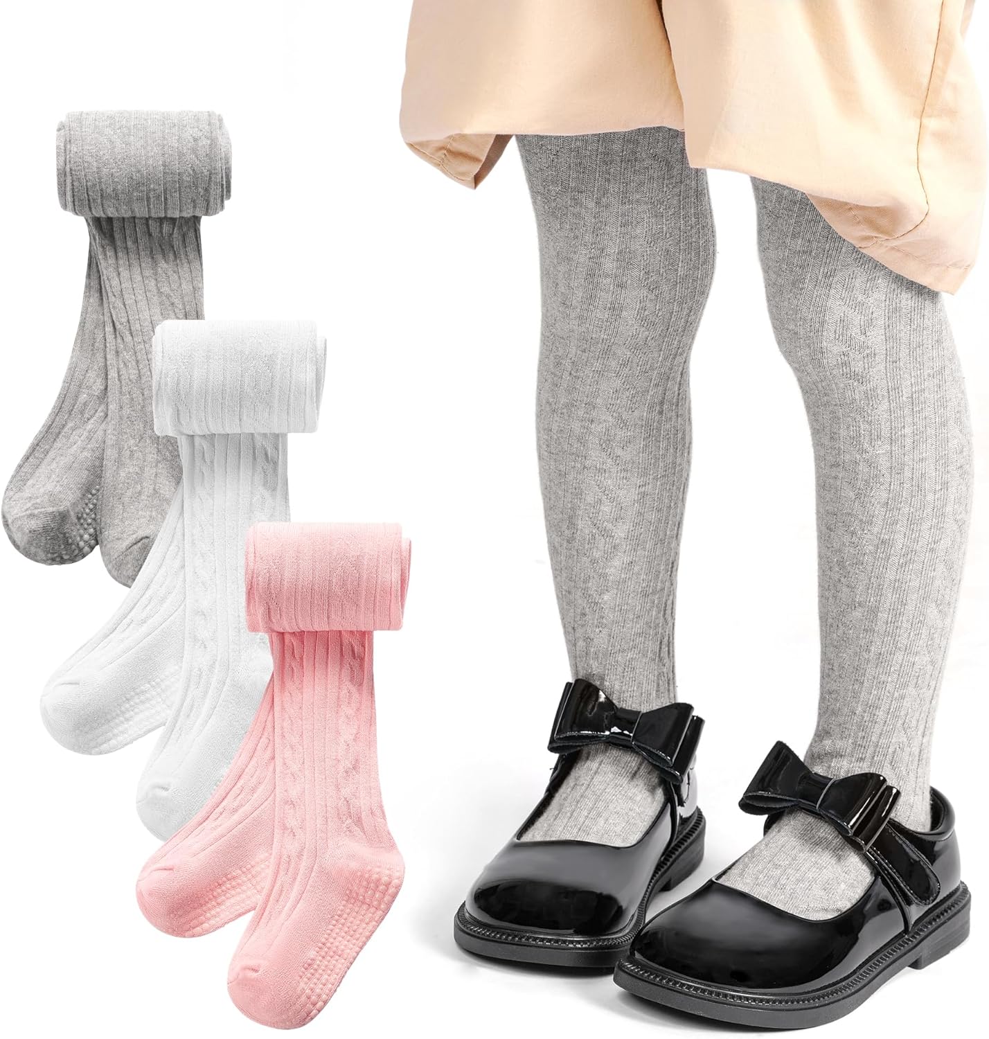 SPTRAMLE 3 Pack Toddler Tights, Non Slip Baby Tights for Girl (6 months-6 years), Knit Cotton Pantyhose Black White Pink Grey