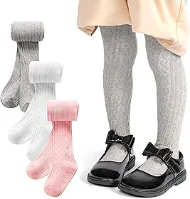 Pacote com 3 meia-calça infantil antiderrapante para meninas (6 meses a 6 anos), meia-calça de malha de algodão preta, branca, rosa e cinza