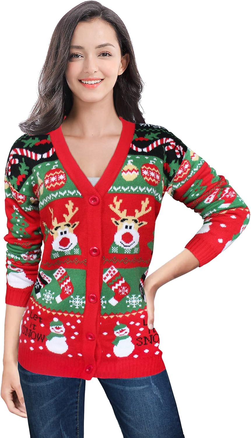 v28 Ugly Christmas Sweater for Women Reindeer Funny Merry Knit Sweaters Cardigan