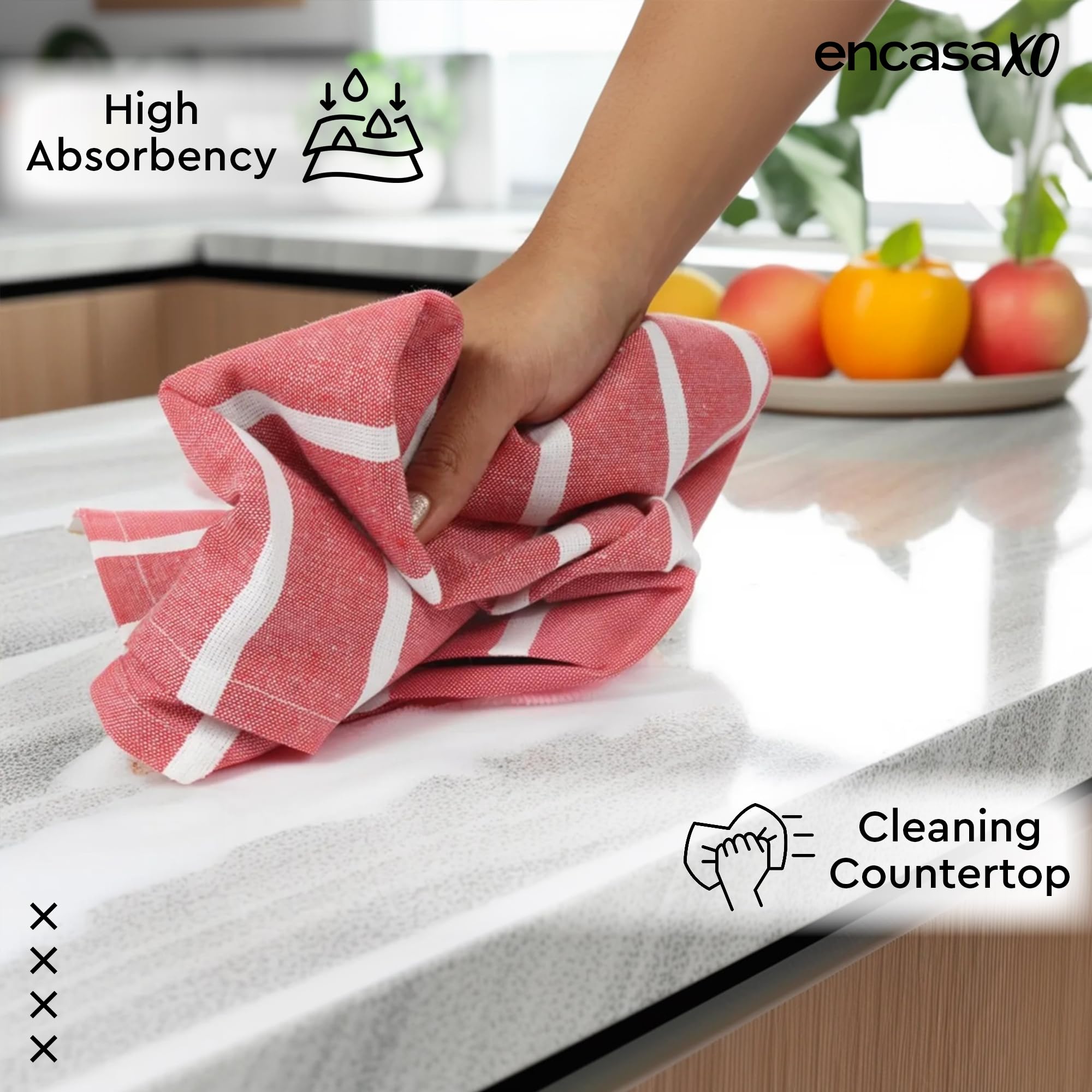 Encasa XO Kitchen Cloth for Cooking | Cotton Hand Towel for Drying Dishes | 70x45 cm Tea Towels | Highly Absorbent for Cleaning & Quick Drying of Plates | Roma Red Stripes (Set of 4 Pieces) 1