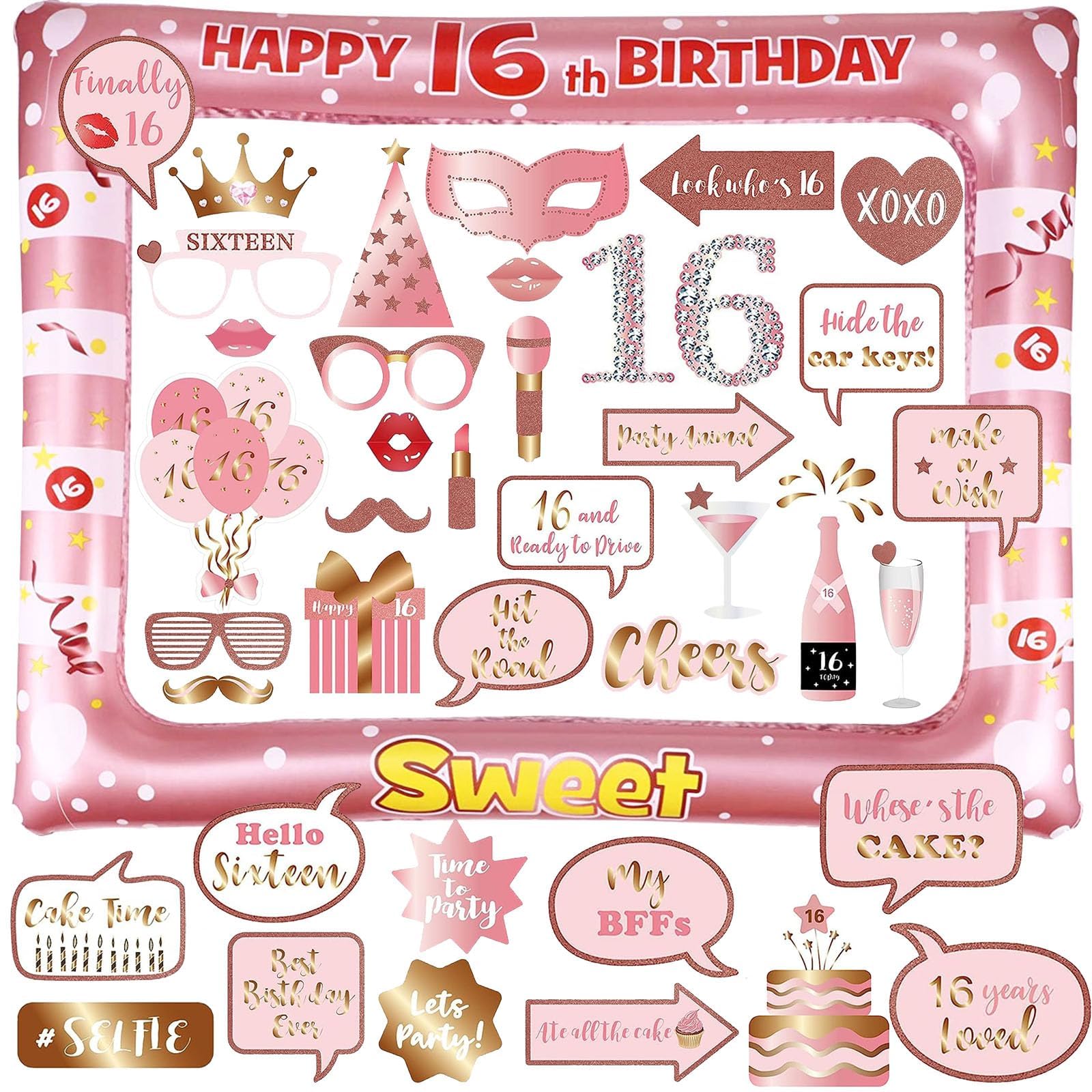 Yiiigoood Rose Gold, Pink Rose Gold 16Th Birthday Inflatable Photo Booth Selfie Frame & Props Set Giant Selfie Photo Booth Picture Frame Photo Props Blow Up Photo Frame For 16 Years Old Birthday Party Decoration Supplies