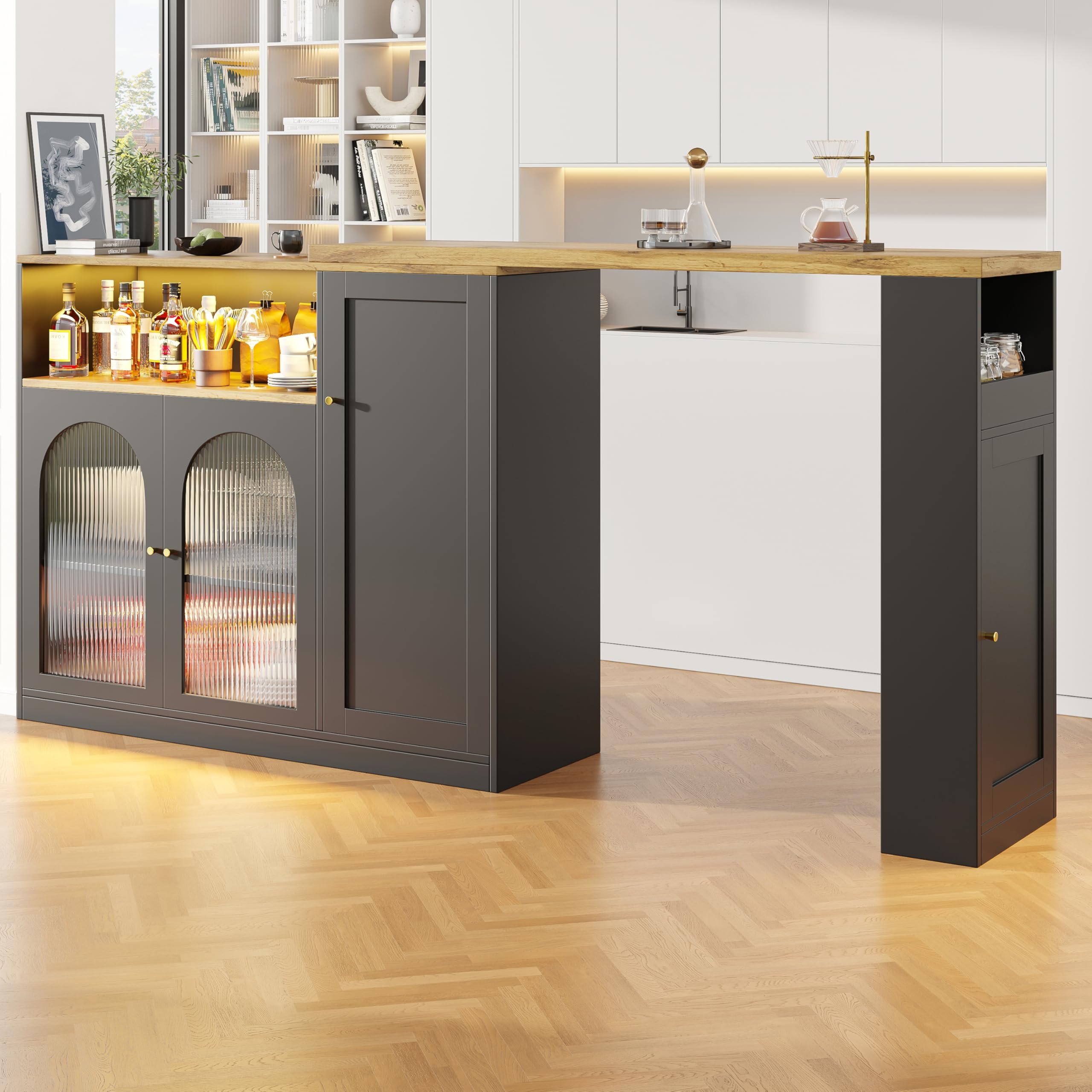 Credenza Moderna Girevole 360° con Luce LED, Vetro Changhong - Multifunzione: Mobile Bar, Cantinetta Vini, Scrivania Legno, Angolo Caffè - Nero Opaco/Venatura Legno 197x40x100 cm