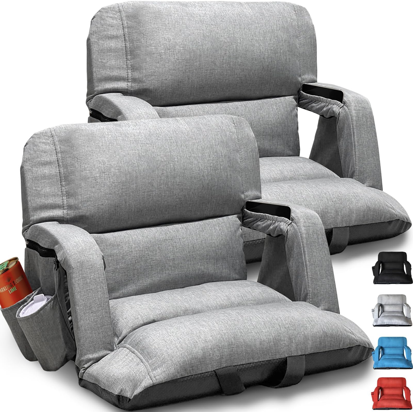 Extra Wide Stadium Seats With Back Support 2 Pack, Exclusive "Sofa Style" Design Thick Bleacher Chairs With Back and Cushion, 6 Reclining Positions - Ultimate Comfort for Sports Events (Grey, 25")