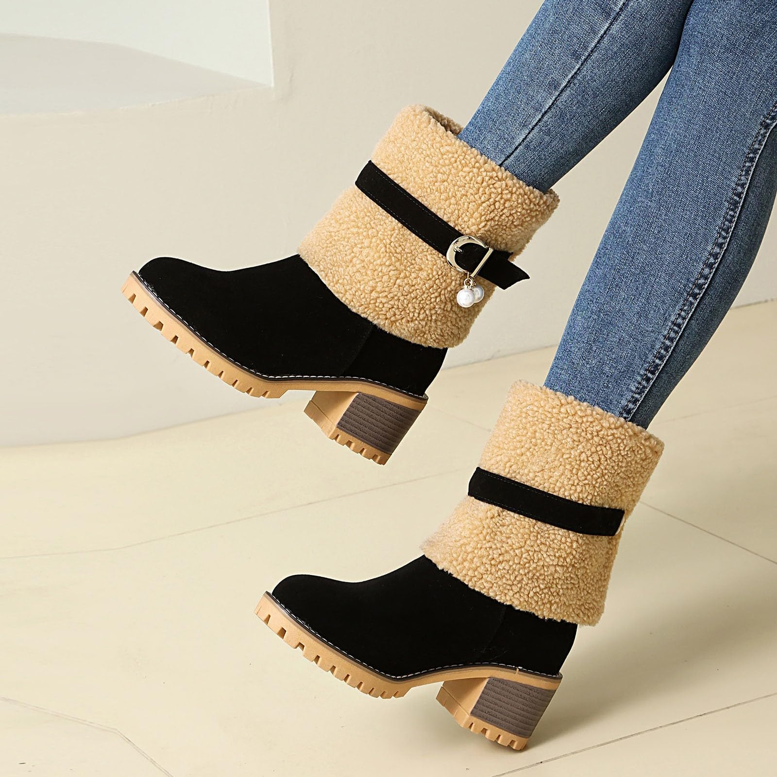 Generisch Stivaletti alla moda con colletto piegato, suola con plateau, comodi stivali invernali da donna, eleganti stivali a gambo corto con suola antiscivolo
