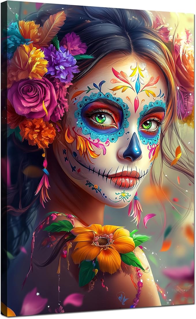Day of The Dead Wall Art Mexico Skeleton Makeup Wall Decor Sugar Skull Girls Posters Mexican Festival Picture Flower Woman Painting Canvas Printing Frame for Home Decor Ready to Hang(24x36inch)