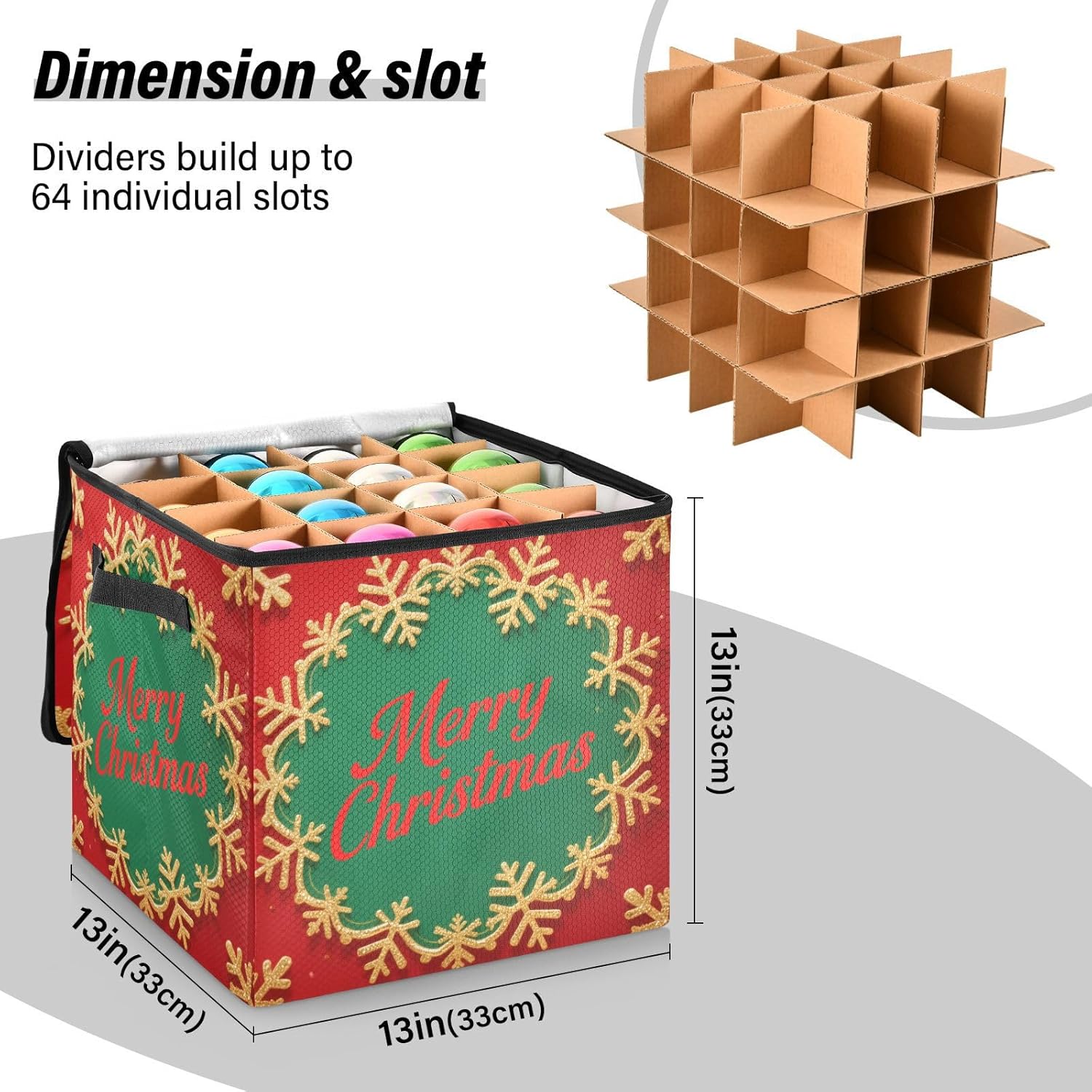 High Capacity Christmas ornament storage containers Holds Up to 64, Adjustable Dividers, Zippered Top, Two Handles telescoping Holiday Storage Case with Lid,Merry Christmas Text