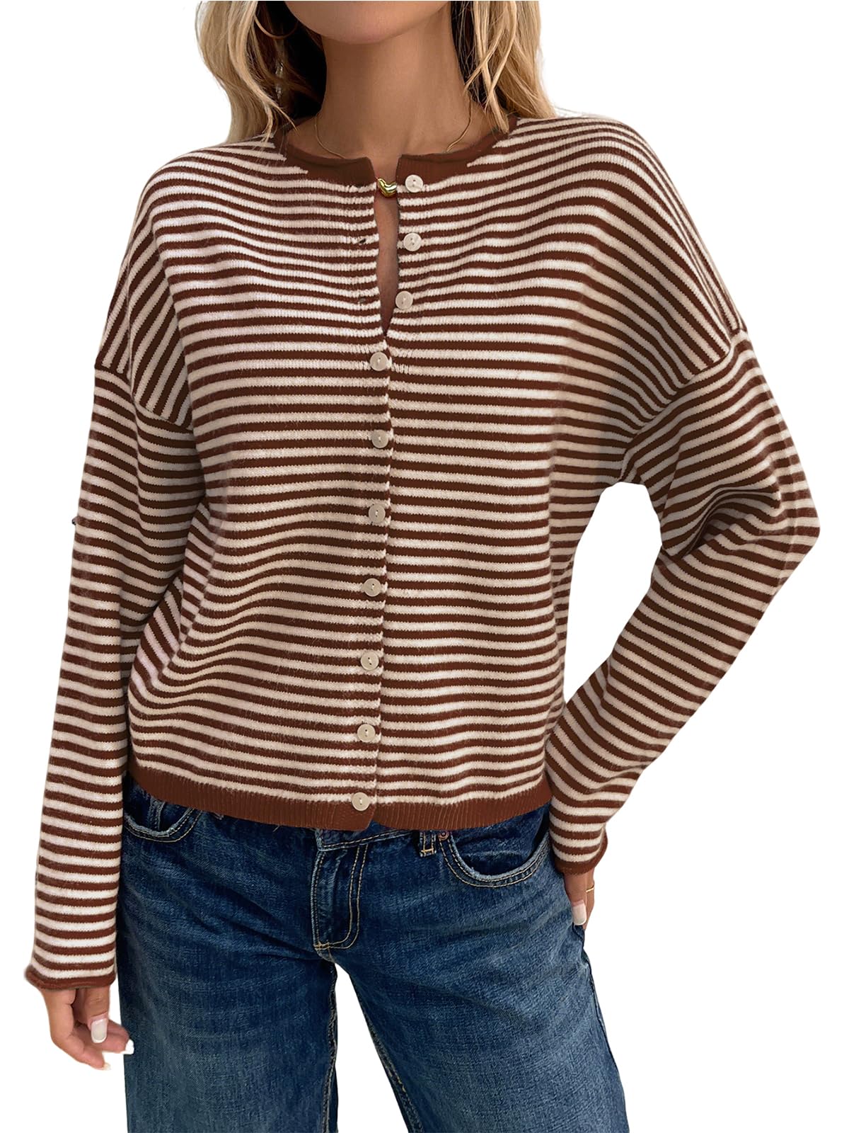 utcoco Womens Cropped Striped Button Down Knit Cardigans Soft Lightweight Cardigan Sweaters Outerwear
