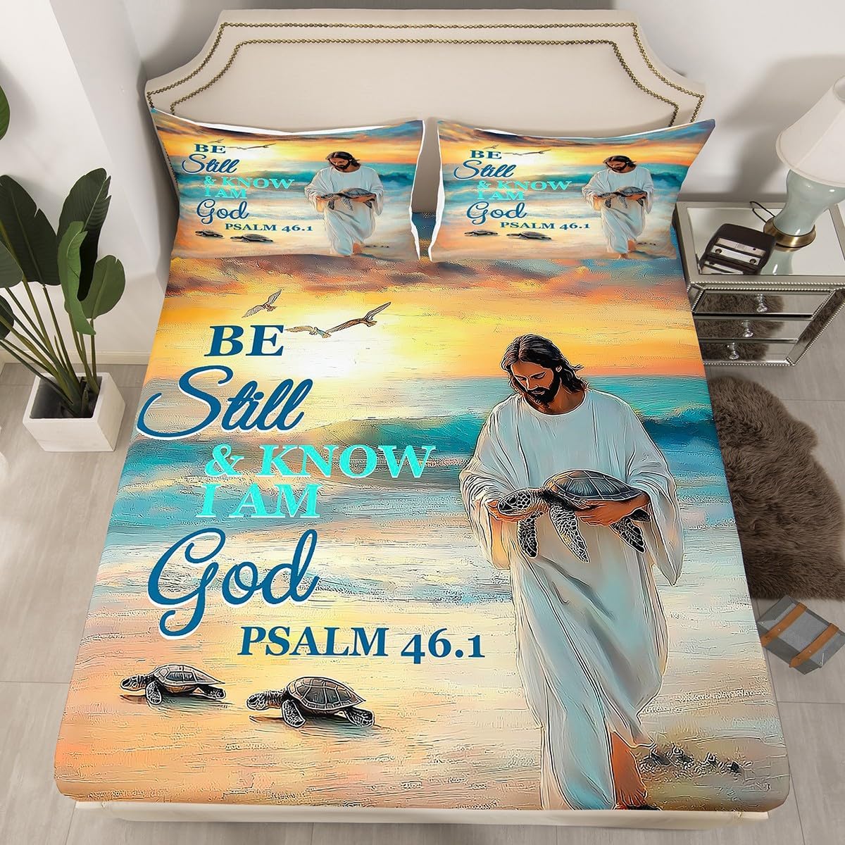 Homewish Bible Verses Bed Sheets Queen Size,Ocean Beach Bedding Set 4Pcs for Kids Boys Girls Teens Room Decor,Bible Verses Theme Fitted Sheet Inspirational Quotes Top Flat Sheet,2 Pillowcases