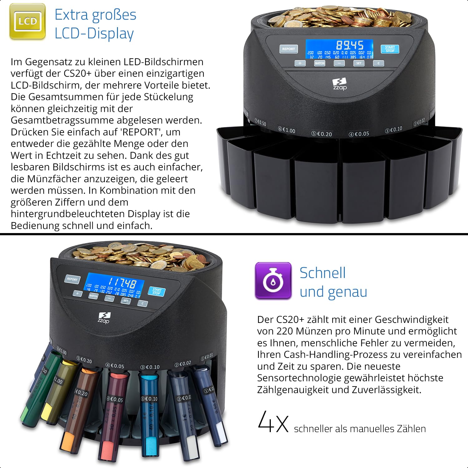 ZZap CS20+ Automatischer EURO Münzzähler & -sortierer - Geldzählmaschine Münzzählautomat Geldzähler