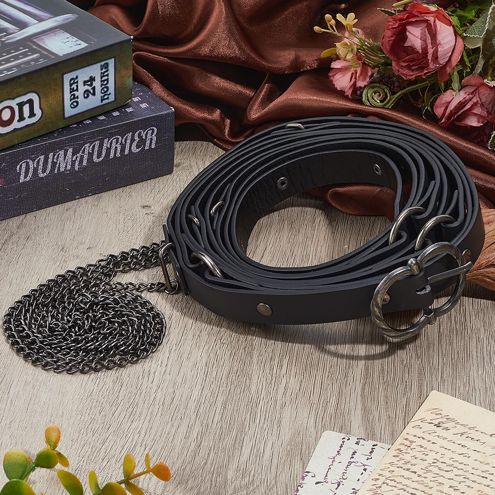 DELORIGIN Medieval DIY Faux Leather Metal Chain Belt Vintage Adjustable Waist Chain Belts Renaissance Thin Skinny Belt for Women Punk Pirate Dresses Rave Fantscy Costume Accessories (Black) - Image 3