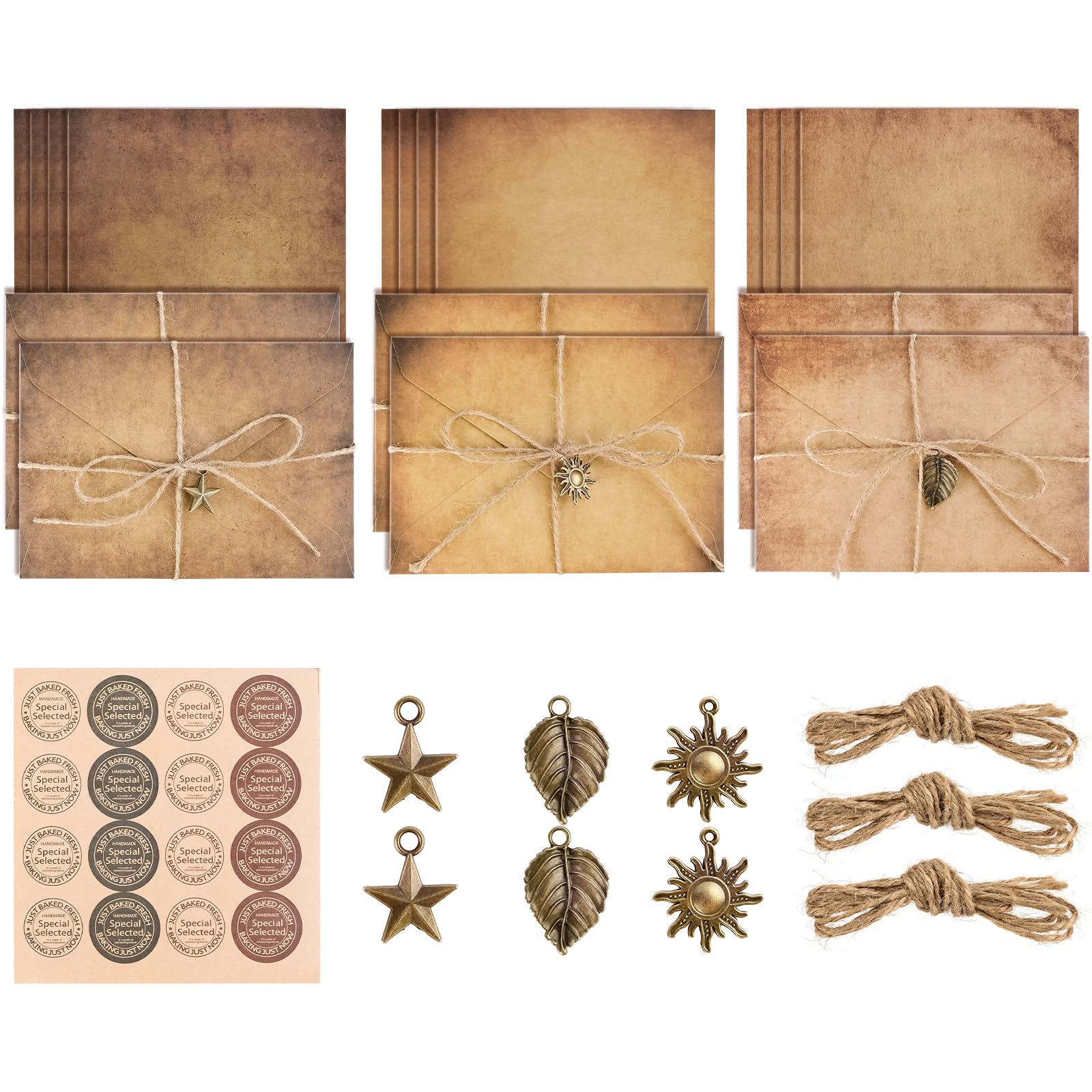 Tufa Kraft Buste Vintage Kit Scrivere Lettere Antiche 6 Carta Kraft 12 Carte da Lettera 6 Accessori Metallo 6 Corda Canapa