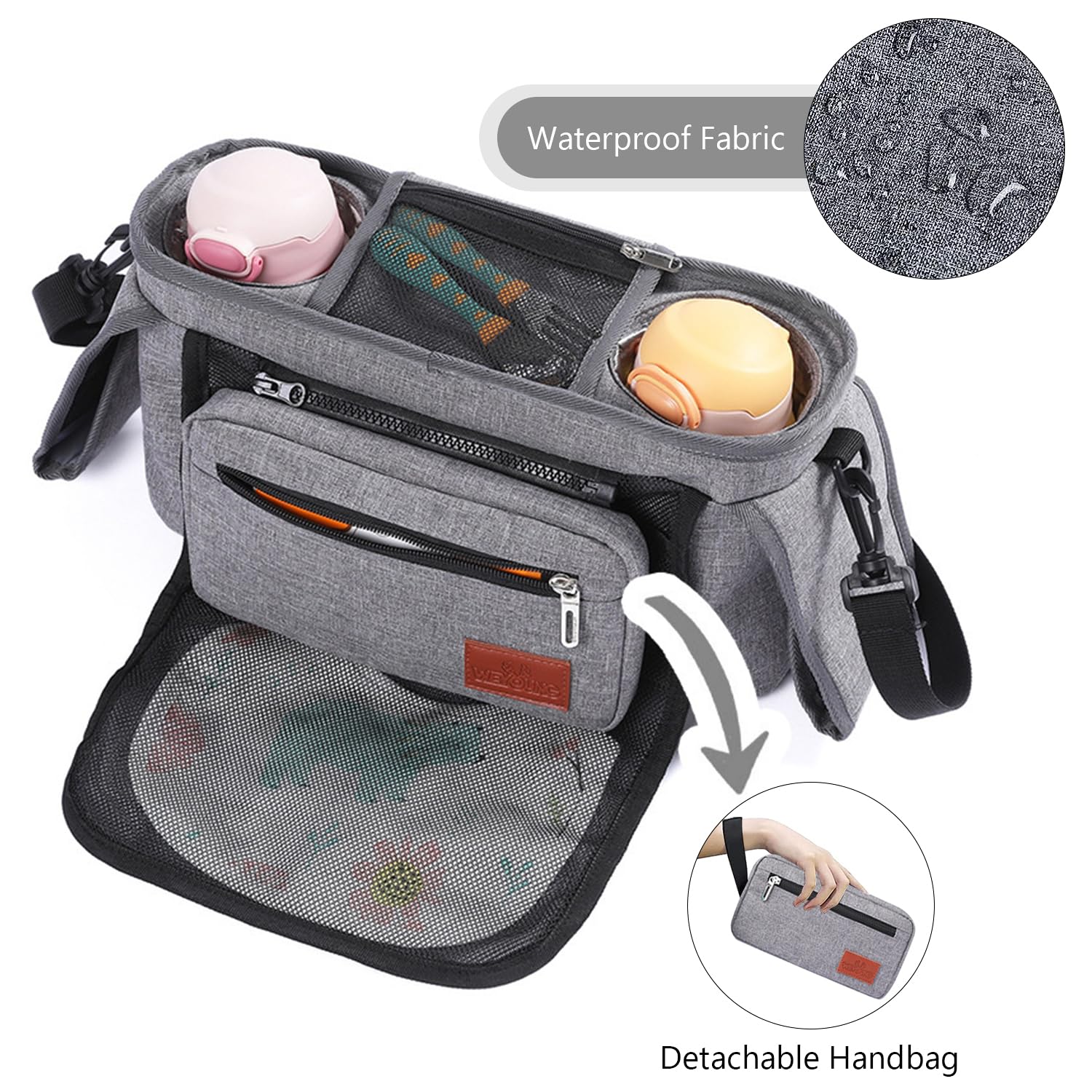 Organizer per Passeggino, Borsa Per Passeggino, Pram Bag Organizer Multifunzione Carrozzina Buggy Storage Bag Con Borsetta Staccabile, 2 Portabicchieri e Tracolla Organizer per Passeggino, Grigio