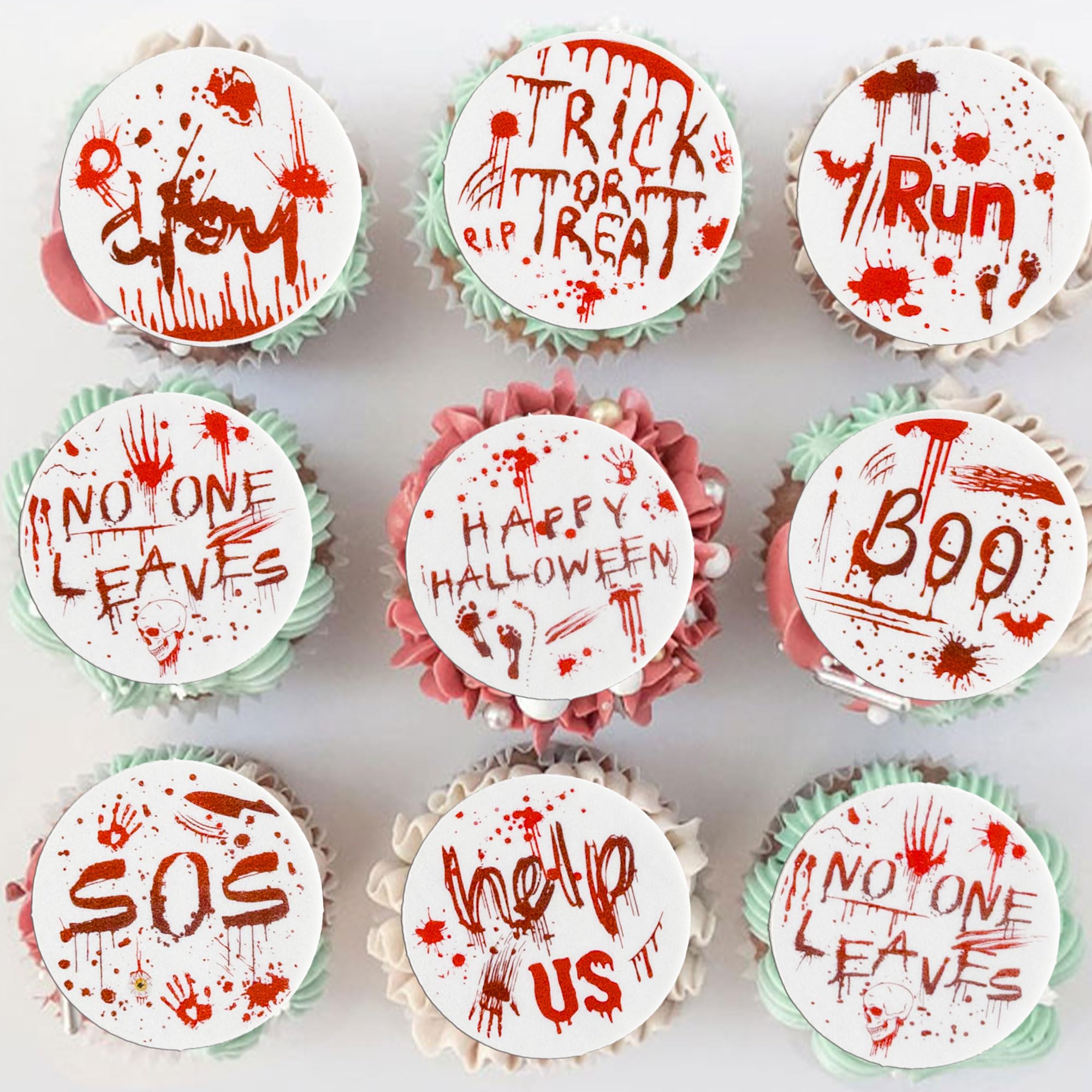 Gyufise 54Pcs Edible Bloody Good Time Cupcake Toppers Wafer Paper Blood Hands Cake Toppers Bloody Help No One Leaves Cupcake Picks for Halloween Eve Theme Party Supplies White Red