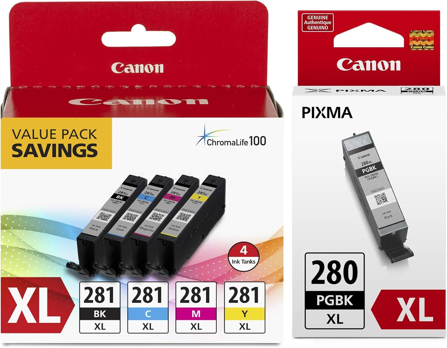 Canon CLI-281 XL BKCMY 4-Color Ink Tank Value Pack (2037C005) and Canon PGI-280 XL Pigment Black Ink Tank (2021C001)