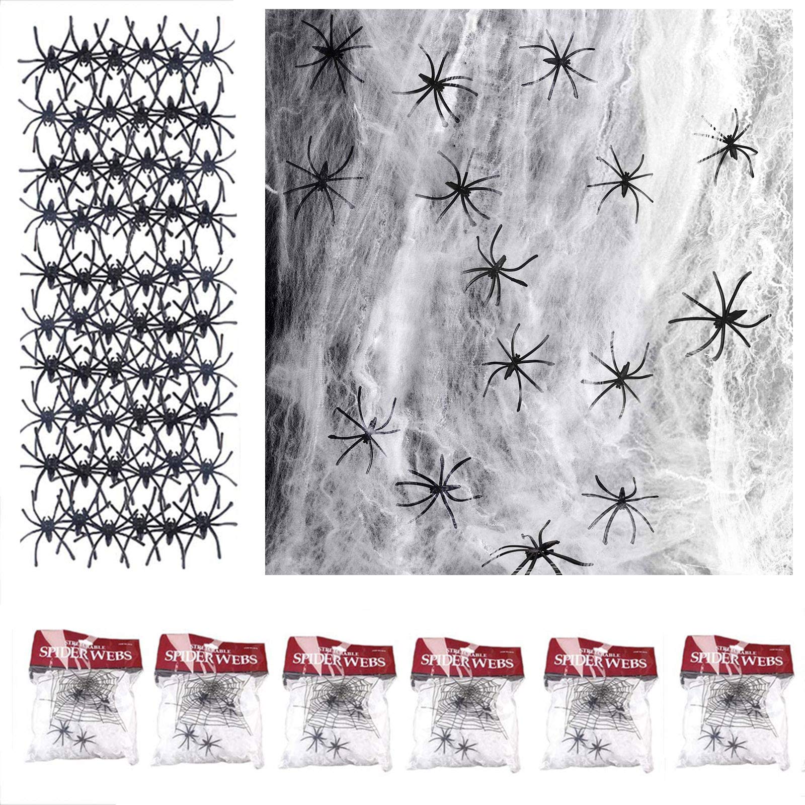 Kit Décoration Halloween – 200g Toiles D’araignée + 60 Fausses Araignées, Effrayant Et Réutilisable