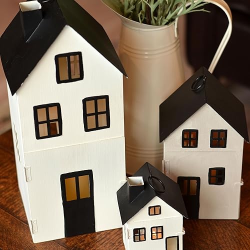 Miniatura 5 de Main Street Town House - Juego de 3 faroles para velas, estilo vintage, techos negros rústicos, paredes blancas, metal, 13.75, 8.25 y 5 pulgadas de