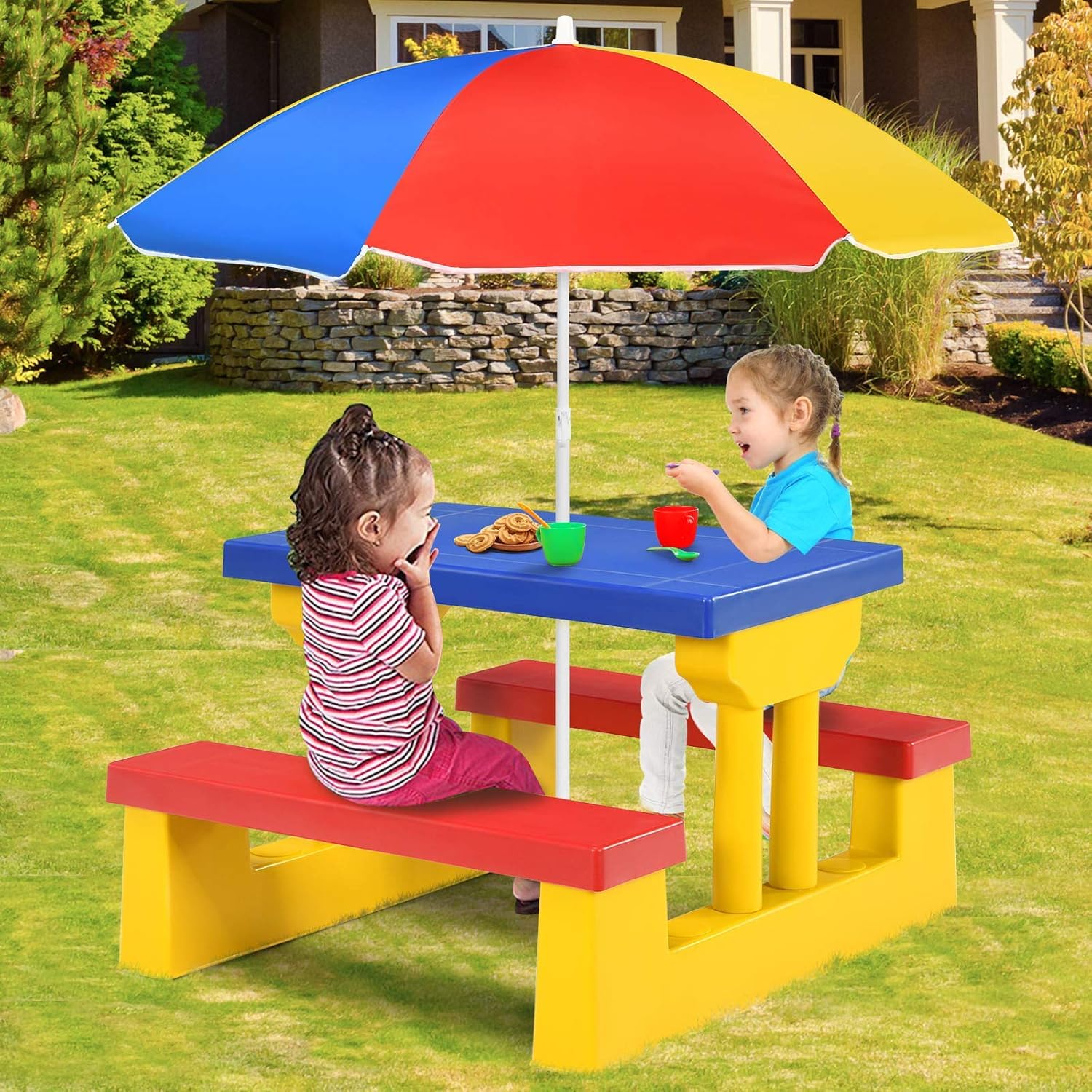 COSTWAY Tavolo da Picnic per Bambini con Parasole Pieghevole, Set di Tavolo e Panche per Festa e Picnic (Colore 1)