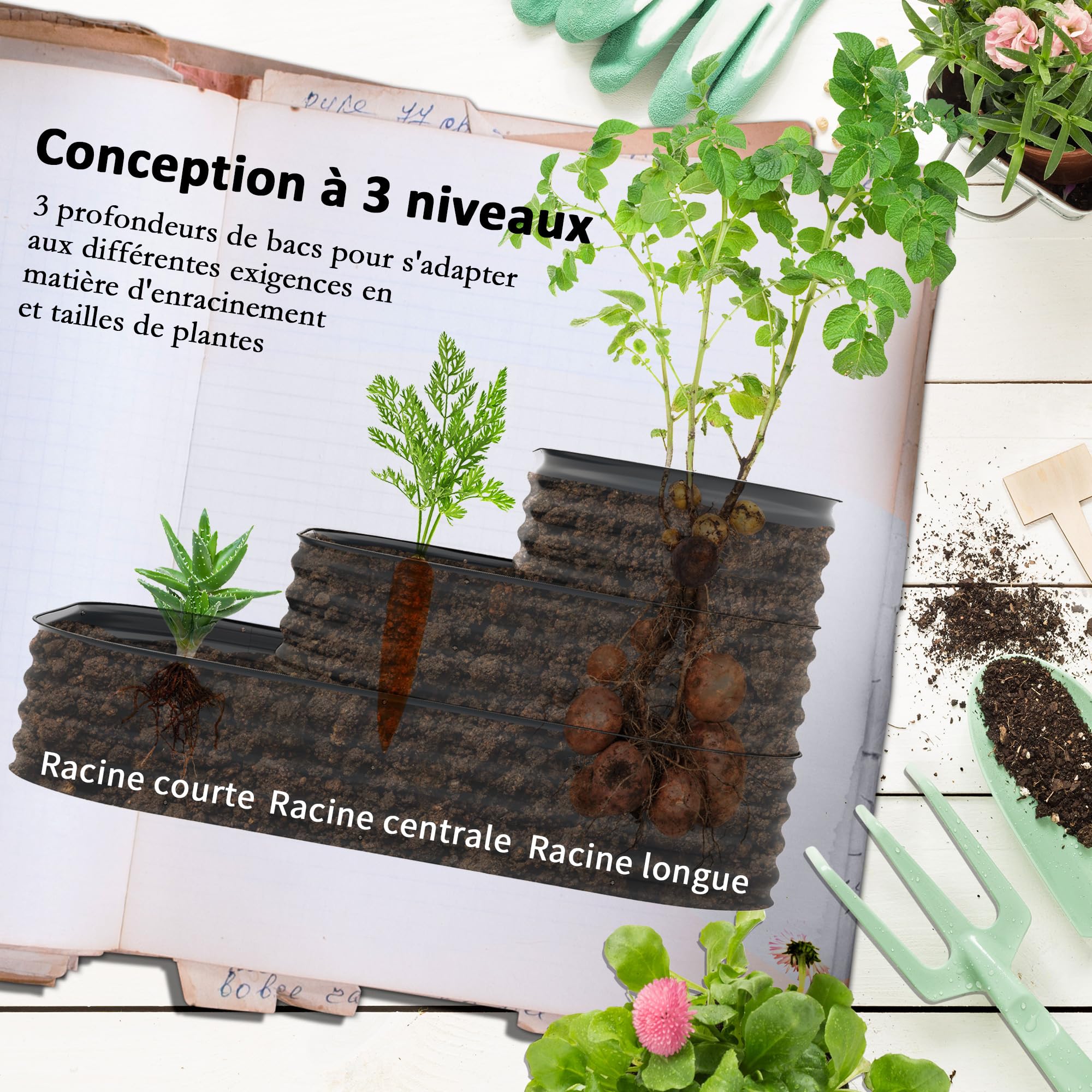 Outsunny Vierkante tuin moestuin stalen plantenbak verhoogd tuinbed open bodem 2 verdiepingen voor kruiden, groenten, fruit, bloemen, zwart