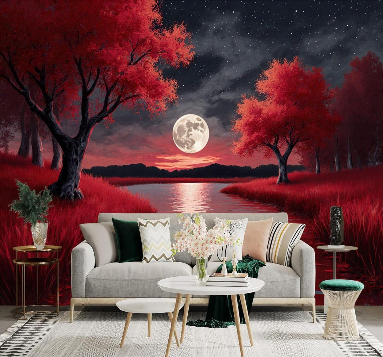 XLMING Beautiful Red Forest River Full Moon Starry Sky 3D Wallpaper Silky Texture Home Study Office Grey Dining Room Sofa Bedroom Living Room TV Backdrop-430cm×300cm