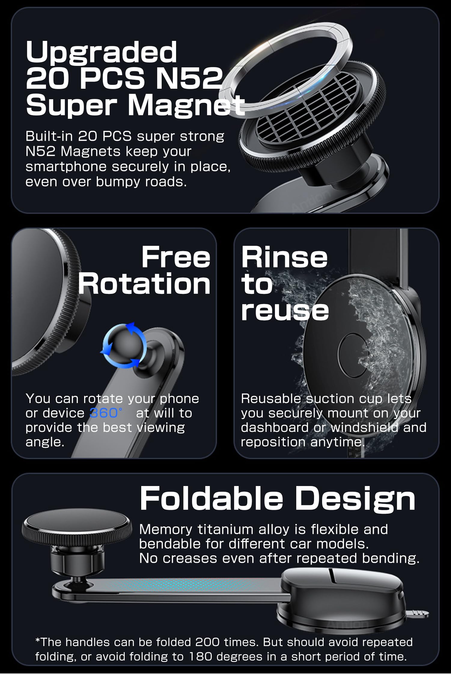 Antion for MagSafe Car Mount, Magnetic Phone Holder for Car, Cell Phone Car Mount, Bendable Memory Titanium Alloy Arm for Dashboard and Windshield, Fit for All Car Types