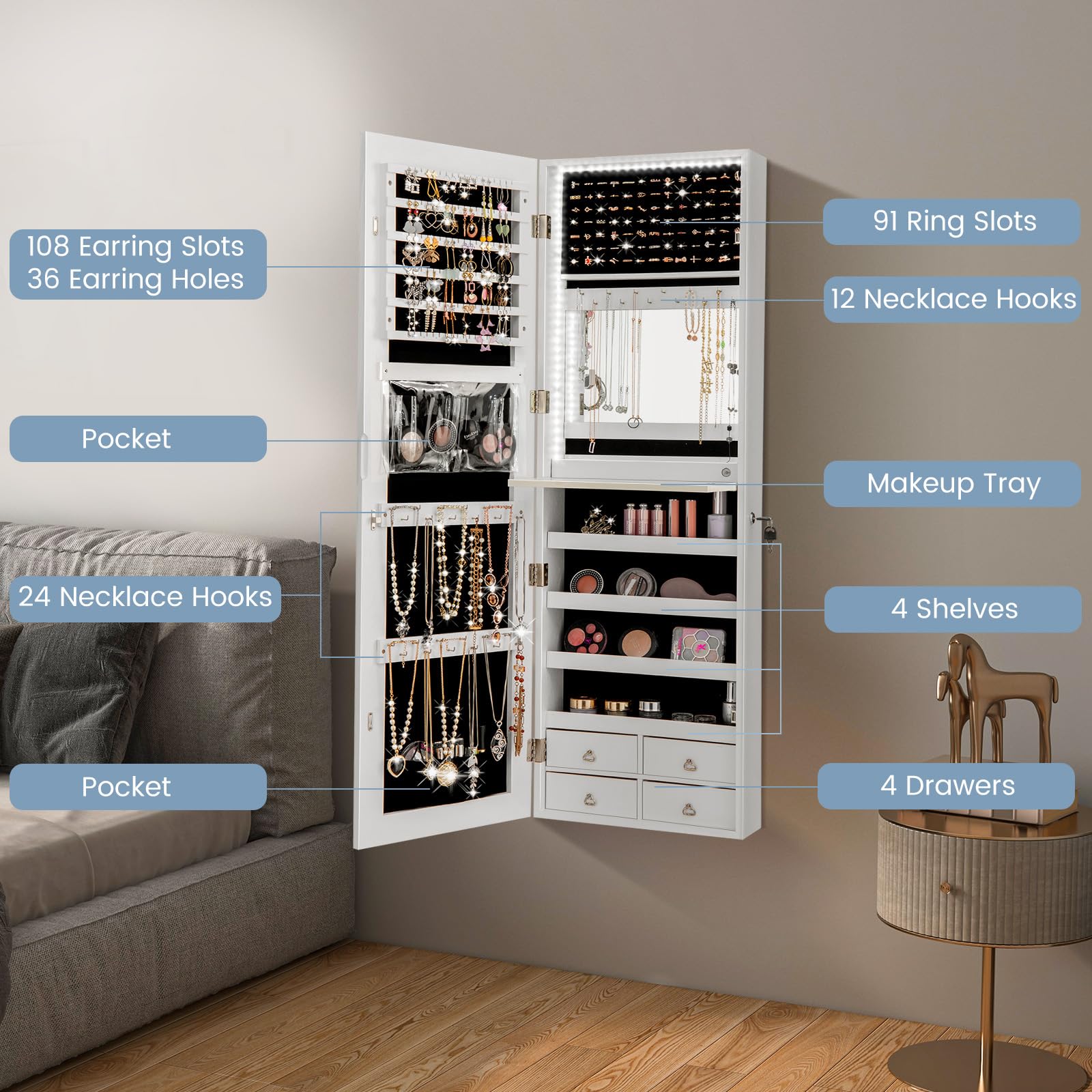 GOPLUS Schmuckschrank mit Spiegel, Spiegelschrank hängend mit LED-Beleuchtung, Wandschrank mit Innenspiegel, Ablagen & Schubladen, Wandmontage & Türmontage