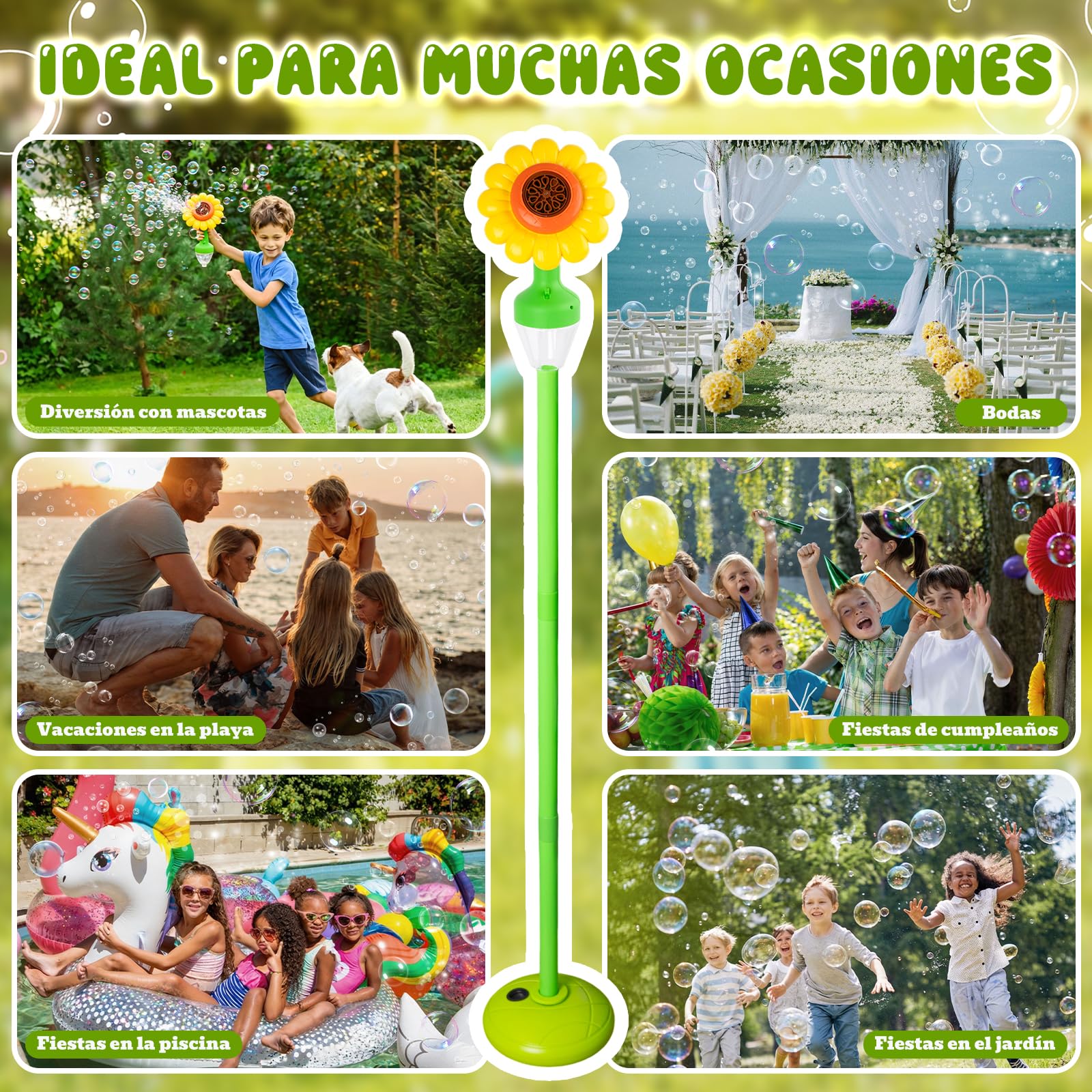 Maquina de Burbujas Automatica, Máquina de Burbujas Recargable con Luces y Música para Niños, Jardín, Cumpleaños, Boda, Fiesta, Altura Ajustable 51cm-119cm, con Control Remoto (Amarillo)
