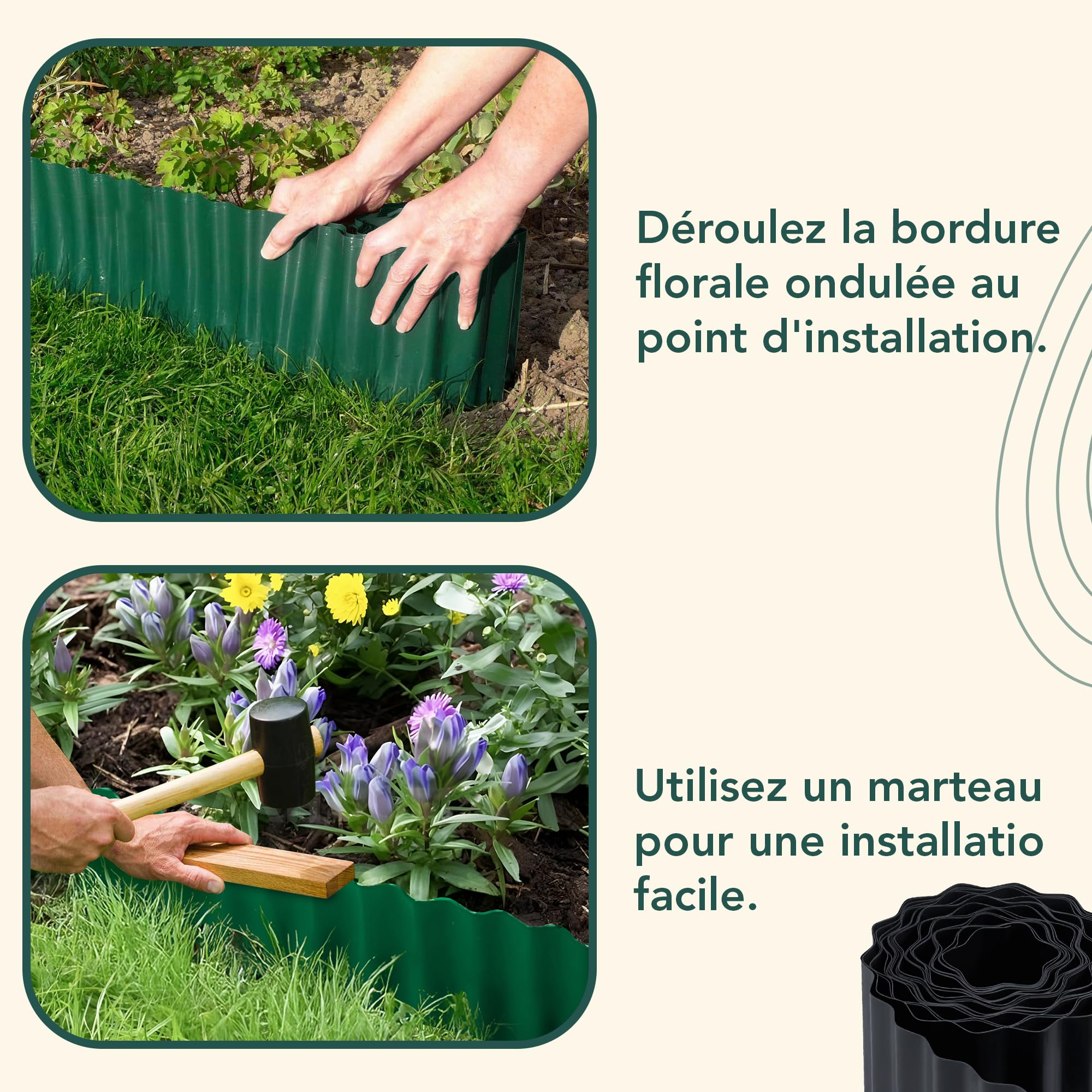 GARDENIX Bordure de lit en Carton ondulé Bordure de Parterre de Fleurs Bordure de lit en Plastique Longueur 9 m, Hauteur 20 cm, Gris Clair