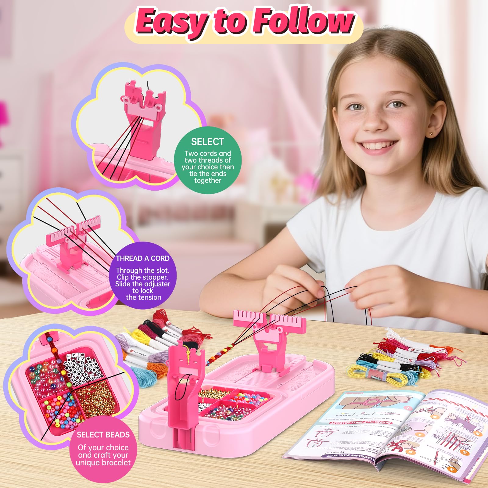 Kit de fabrication de bracelets d'amitié pour enfants de 8 à 12 ans, kit de fabrication de bijoux avec 3 styles de fils et 6 styles de perles, cadeaux d'anniversaire de Noël pour enfants de 6, 7, 8, 9