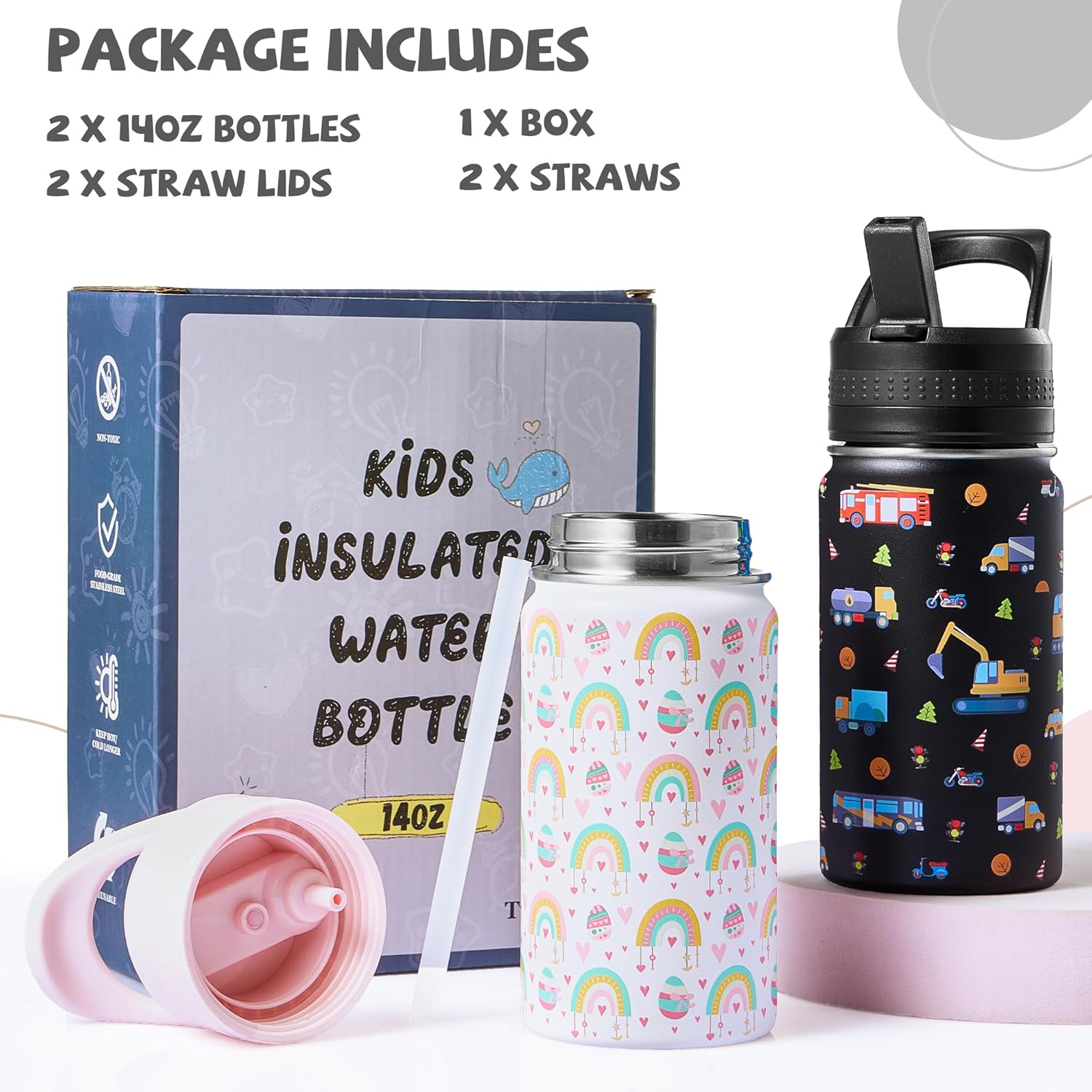 2 Pack Kids Water Bottle,14 Oz Stainless Steel Water Bottle with Straws, Leak-Proof, BPA-Free, Insulated Water Bottles for School Boys & Girls|Black Car + White Rainbow