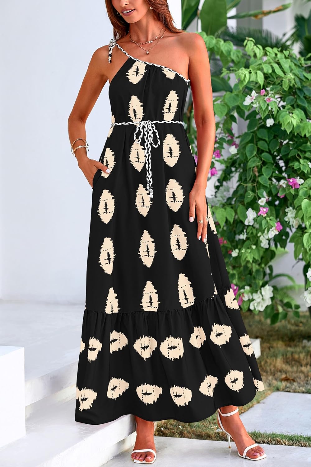 PRETTYGARDEN Women's 2026 Summer One Shoulder Maxi Dress Printed Flowy Boho Long Sundresses Spring Beach Vacation Clothes - Image 5