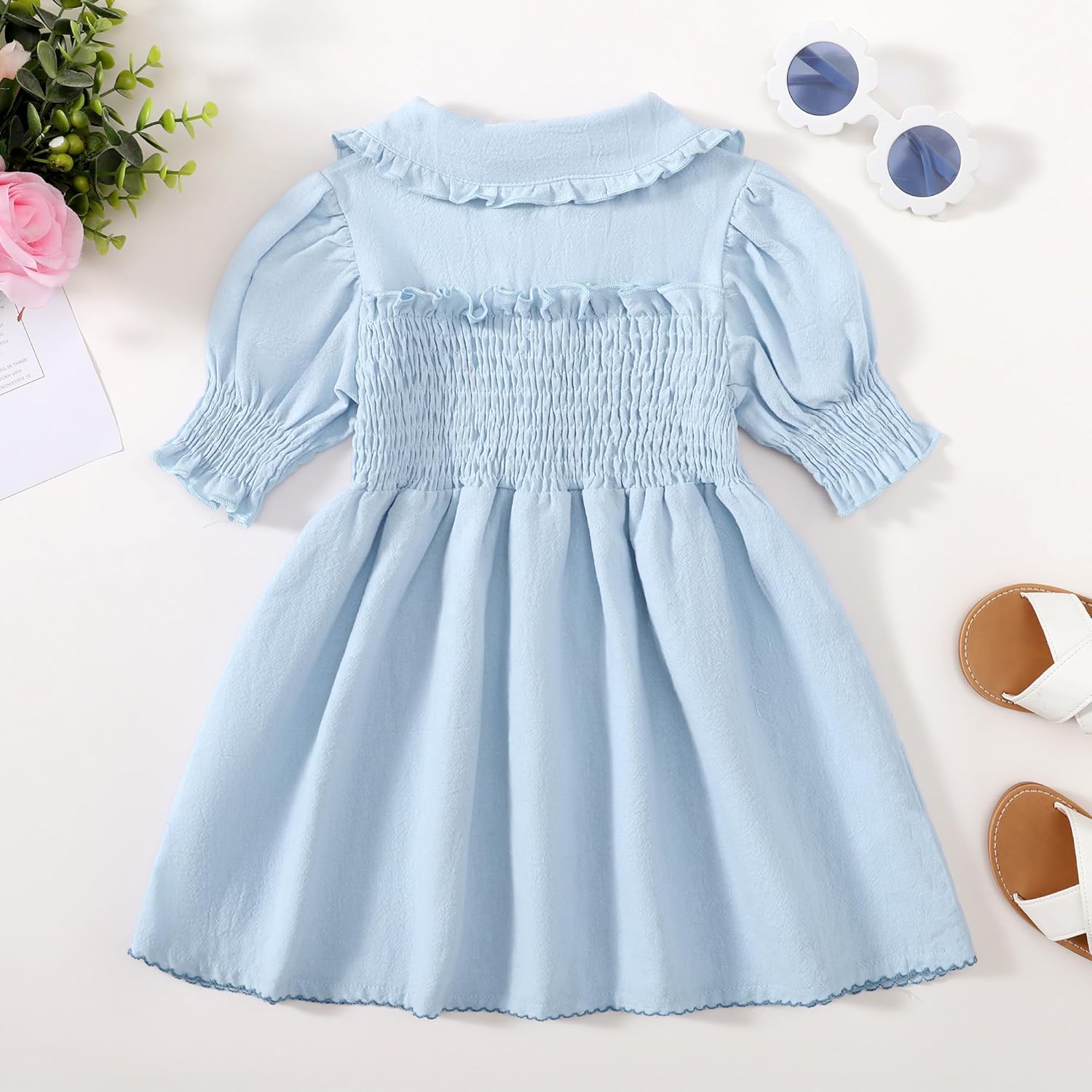 Baby Girls Dresses Ballon Sleeve Peter Pan Collar Vintage Toddler Girl Cotton Linen Dresses - Image 3