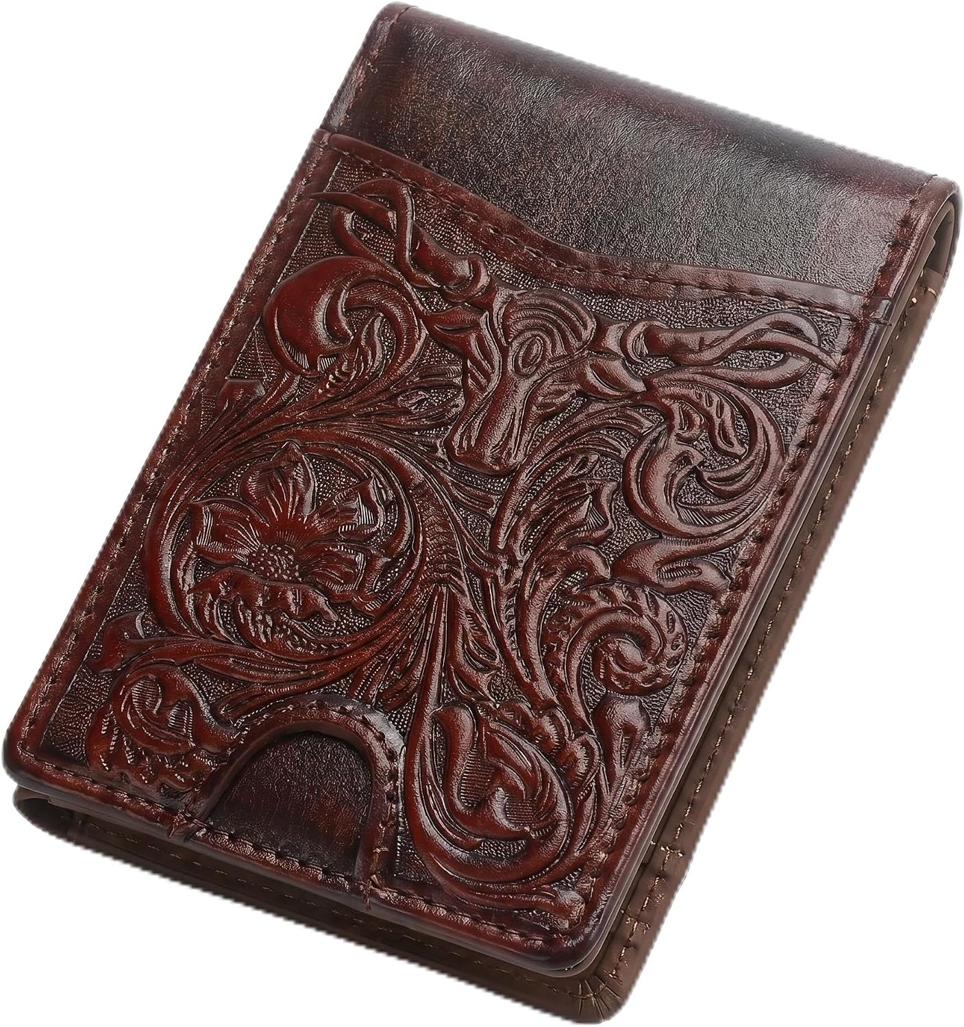 Western Embossed Leather Bifold Wallet for Men - Vintage Floral Tooled Cowhide Wallet with Multiple Card Slots, RFID Blocking, Ideal for Cowboy & Casual Use (F03-Wine red)