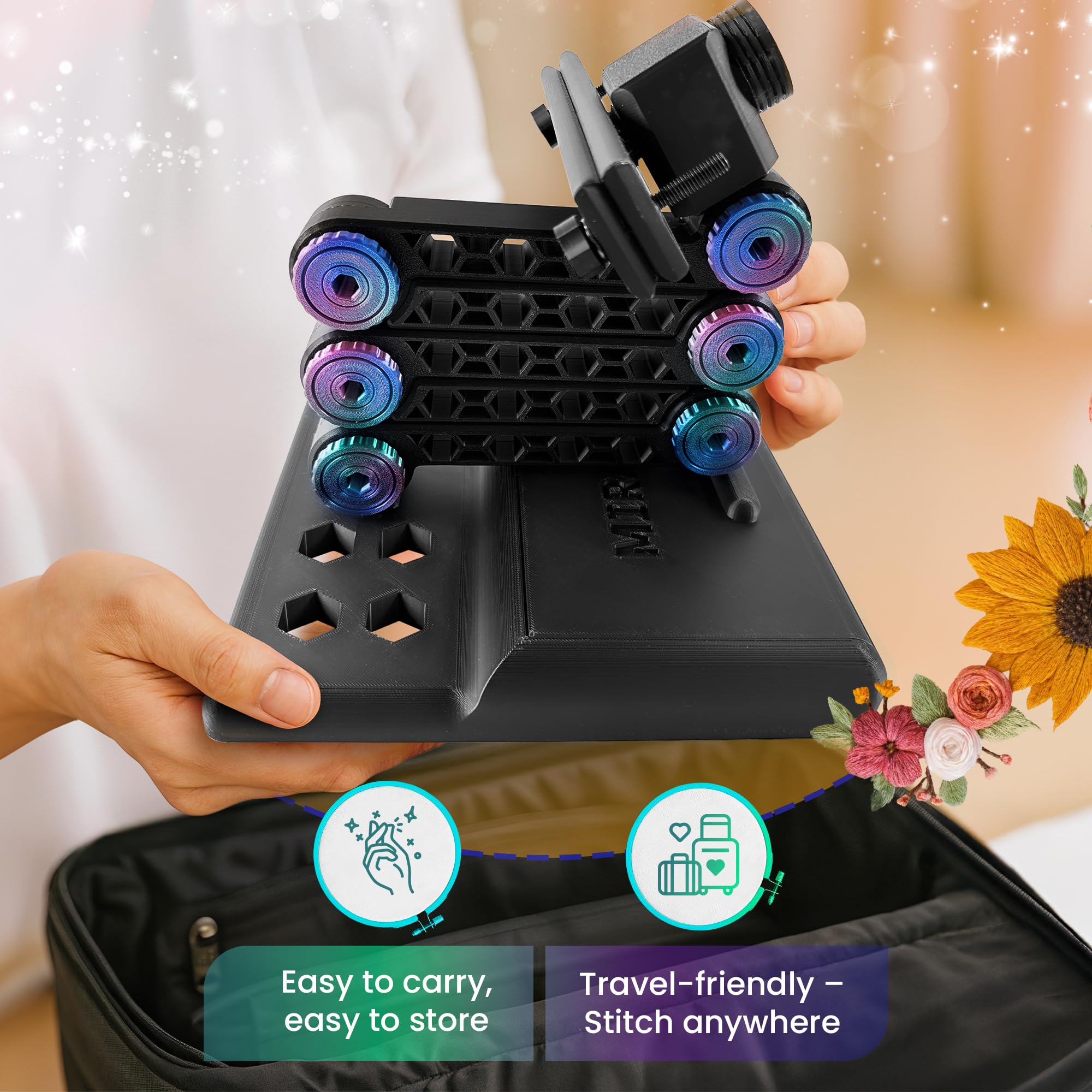 Modular Embroidery Stand with Built-in Organizer – Adjustable Frame for Cross Stitch – Use on Table or Floor – Easy to Assemble – Made in USA – Compact, (Black)