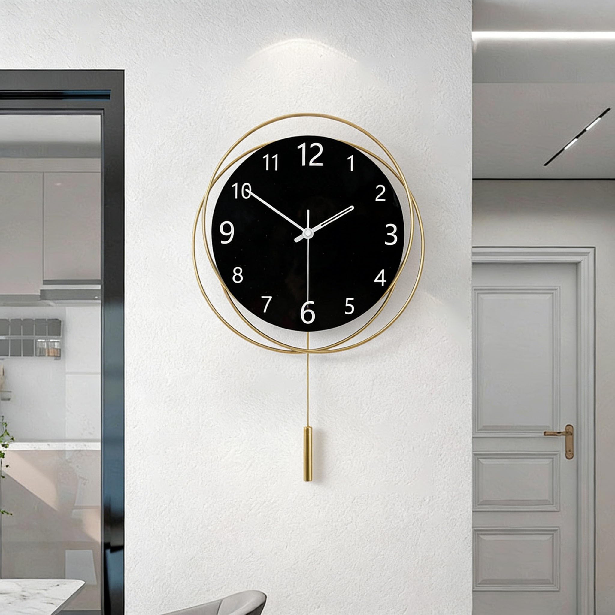 Decorative Wall Clock Silent Non-Ticking Quality Quartz Battery Operated with Cylindrical Pendulum, Large Wall Clock for Living Room Kitchen Office Bathroom Bedroom Wall Art, 12.7x18Inch(Black)