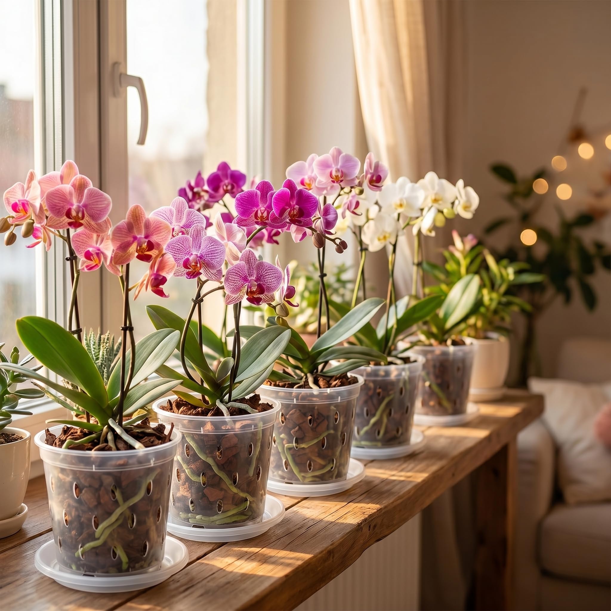 Garten lux Lot de 10 Pots à orchidées Transparents avec Trou de Drainage de 17 cm de diamètre 1,5 l et 10 soucoupes en Plastique pour orchidées pour l'intérieur