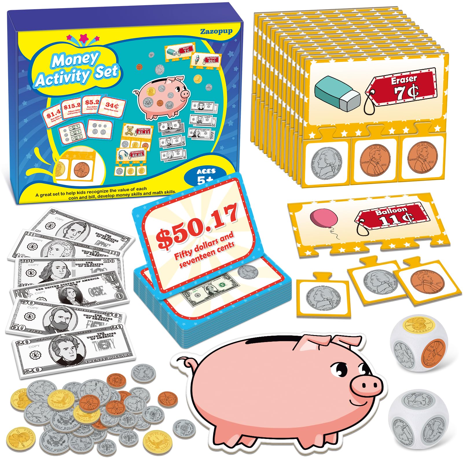 Dinero de juego de simulación para niños para aprender, manipuladores de matemáticas para niños pequeños, juegos de matemáticas para enseñar, contar, juegos de cartas educativas, facturas y