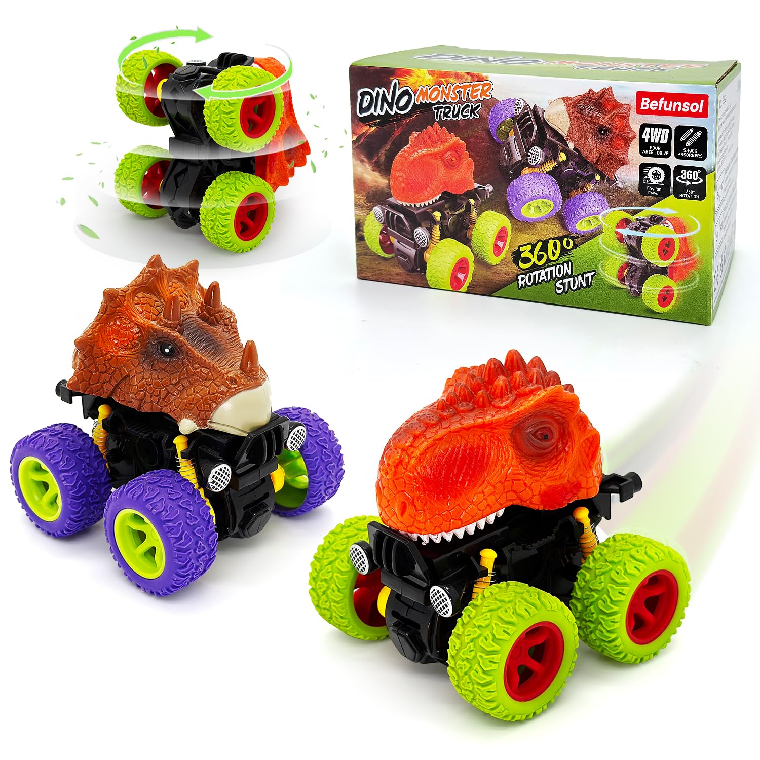 Befunsol Toys for 2 Year Old Boy, 2 Pack Dinosaur Monster Truck Toy Cars for 2 3 Year Old Boys Gifts, Pull Back Cars Truck Toddler Kids Boys Toys Age 2 3 4