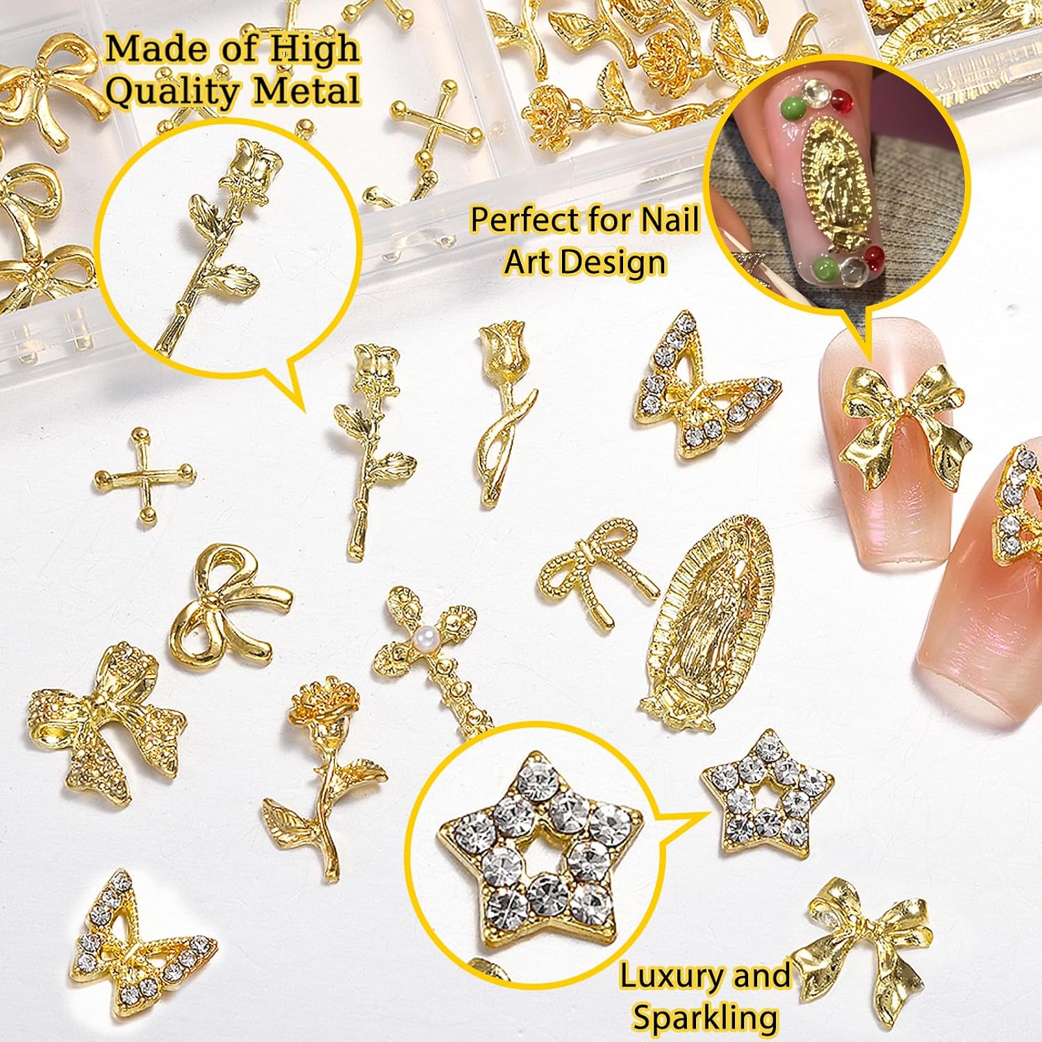 96PCS 3D Nail Charms - Gold Alloy Bow, Rose,Butterfly,Cross,Star,Virgin Mary & Coin Charms, Shiny Nail Rhinestones for Nail Art, Manicure, DIY Jewelry Making（96pcs）