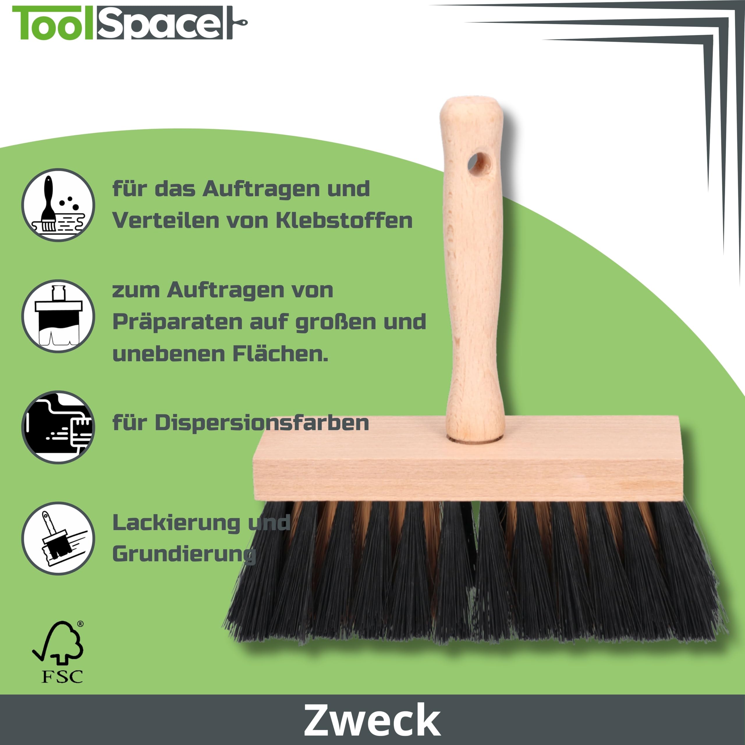 ToolSpace Brush Muddle 170 mm, Masonry speckles, for mashing plasters masses, binders, priming, Natural bristles, Erognomic - Image 3