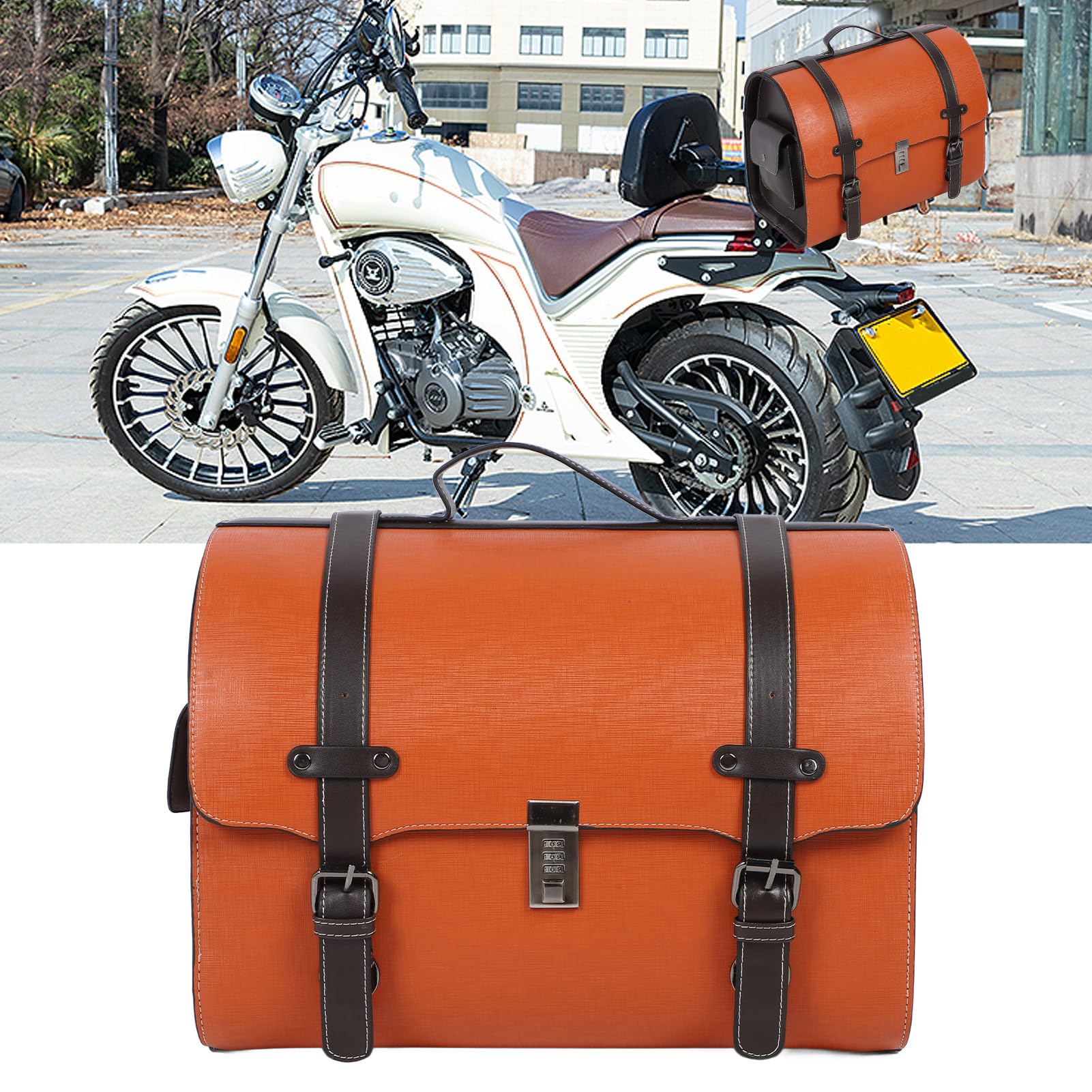 Torba na Bagażnik Motocykla Stylowa, Wodoodporna, o Pojemności 29,5 L, z możliwością Szybkiego Wypięcia, Przechowywania Niezbędnych Akcesoriów Jeździeckich, Skóry (Pomarańczowy z czarnym