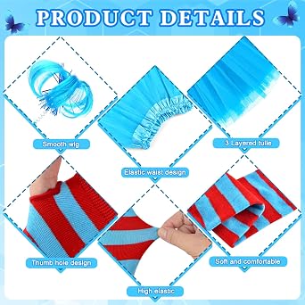 Mototo 8 PCS Tulle Tutu Costume Accessories Set, Blue 3 Layered Tulle Tutu Skirt Striped Socks Headband Gloves For Halloween