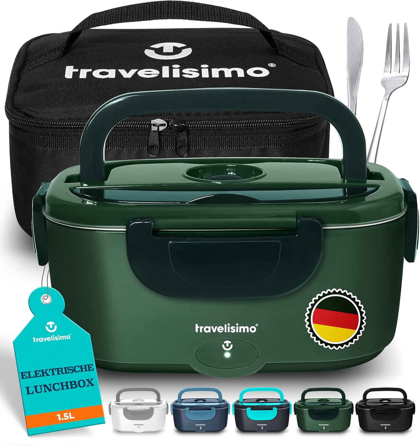 TRAVELISIMO Fiambrera Eléctrica 80W Caja de Comida Almuerzo Caliente, Caja de Calor de 1.5L para Alimentos Fiambrera 3 en 1 Eléctrica 12V/24V/220V, Contenedor de Calor para Llevar para el Trabajo Coch
