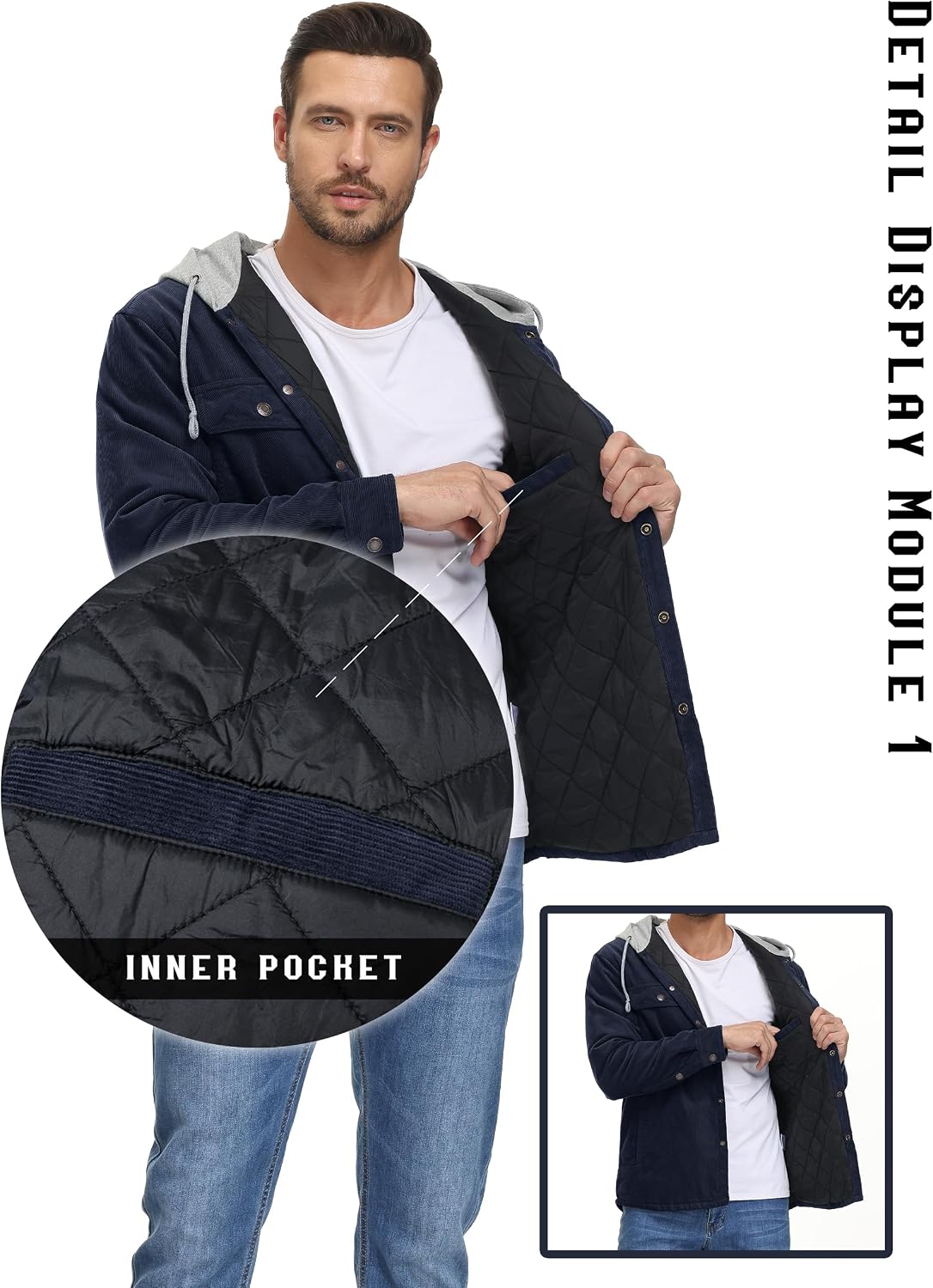 TACVASEN Men's Hooded Corduroy Jacket Quilted Lined Cotton Fleece Padded Casual Winter Outwear