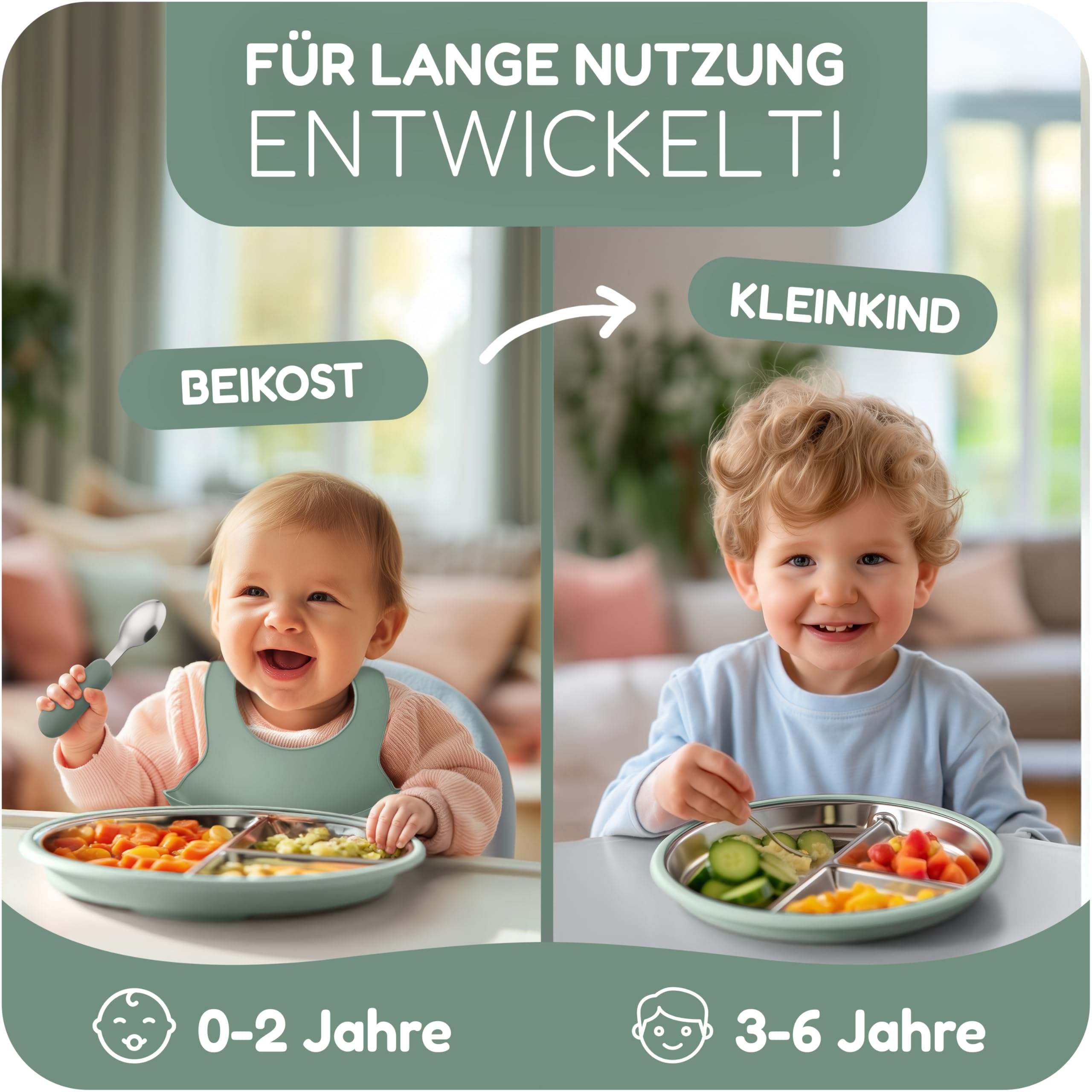 mamou Edelstahl-Kindergeschirrset 6-teilig | Teller & Schüssel mit Deckel, Besteck & Lätzchen | BPA-frei, hygienisch & geschmacksneutral | Nachhaltig & langlebig | Babys & Kleinkinder
