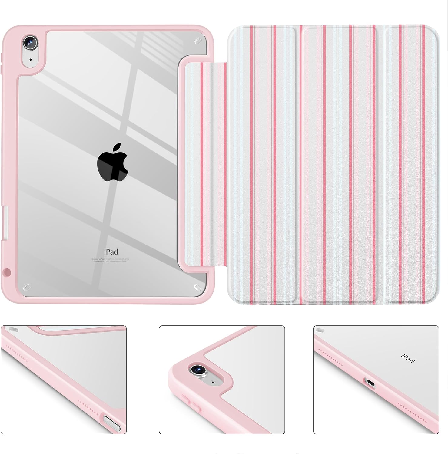 Case for iPad 11 inch A16 2025 Generation 11th / iPad 10.9 inch 2022 10th Gen, Buit in Pencil Holder with Shockproof Cover Clear Transparent Back Shell Auto Wake/Sleep, Elegant Stripes